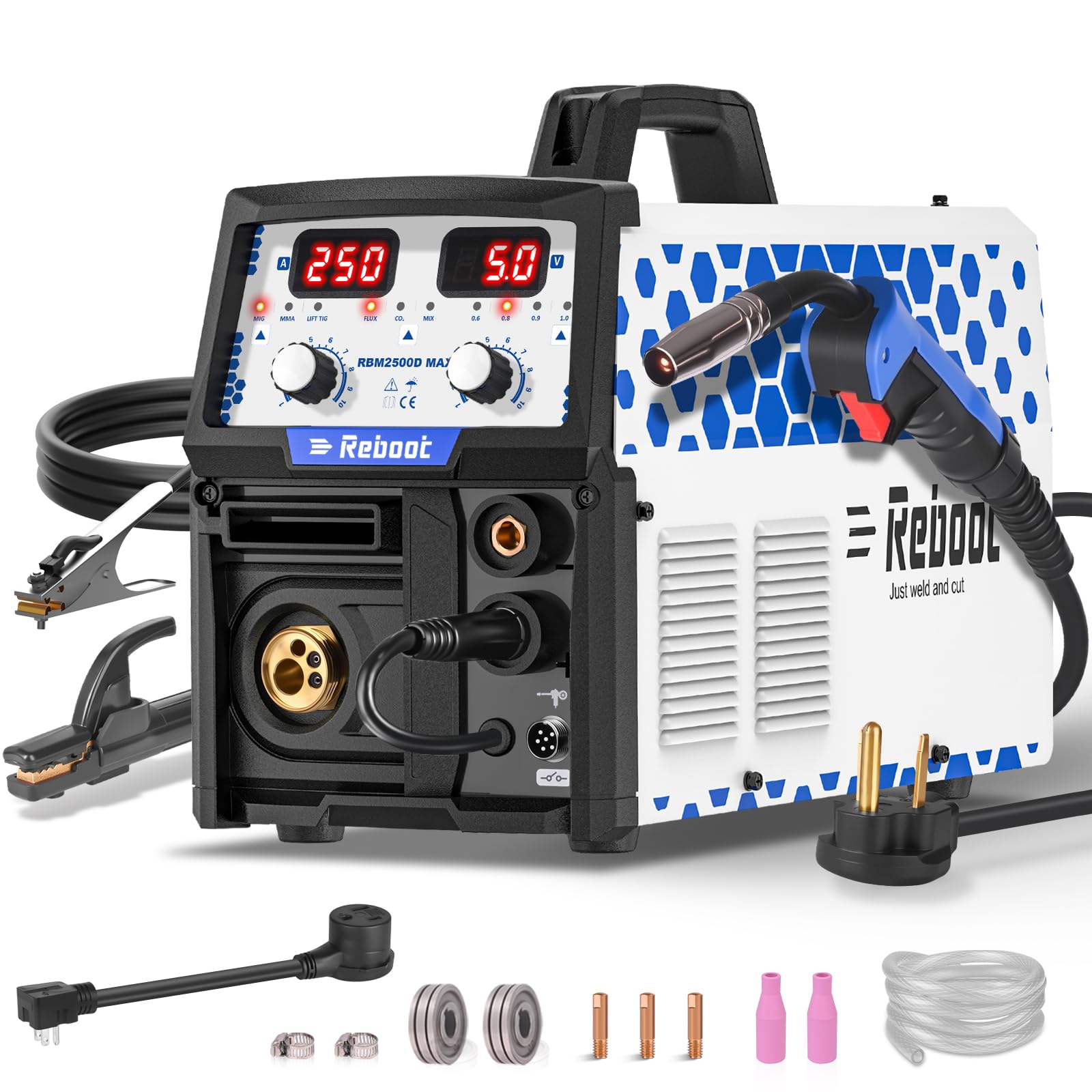 Reboot RBM2500D MAX 5-in-1 MIG Welder, Premium Build, Spool Gun Compatible for Aluminum, Lift TIG, MIG Gas/Gasless, Stick, 120V/240V Dual Voltage Multiprocess Welding Machine