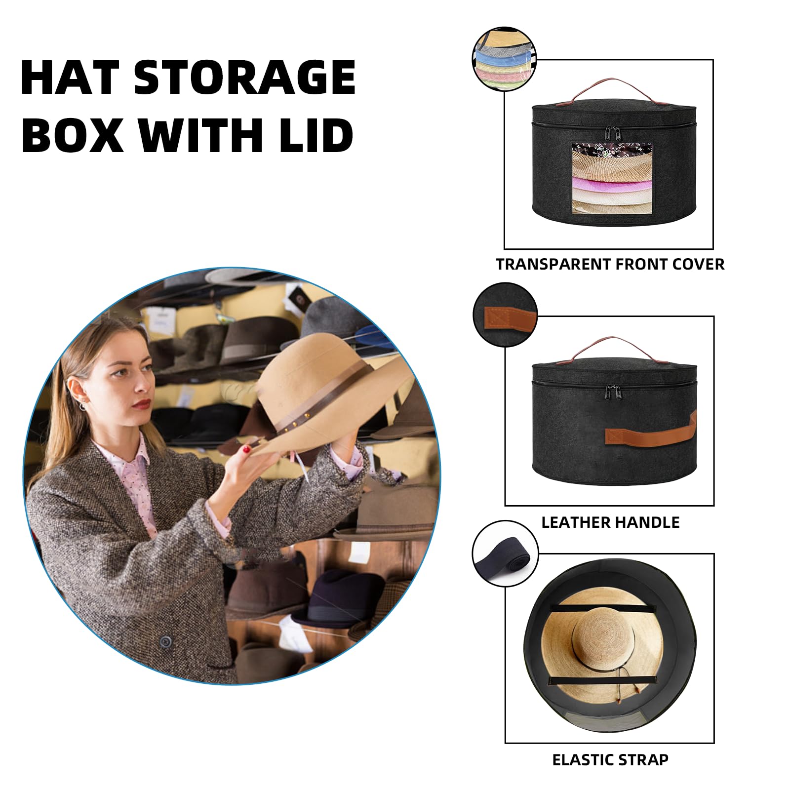 Memfish Hat Boxes Memfish Round With Lid - Foldable Felt Hat Carrier For Wide ...