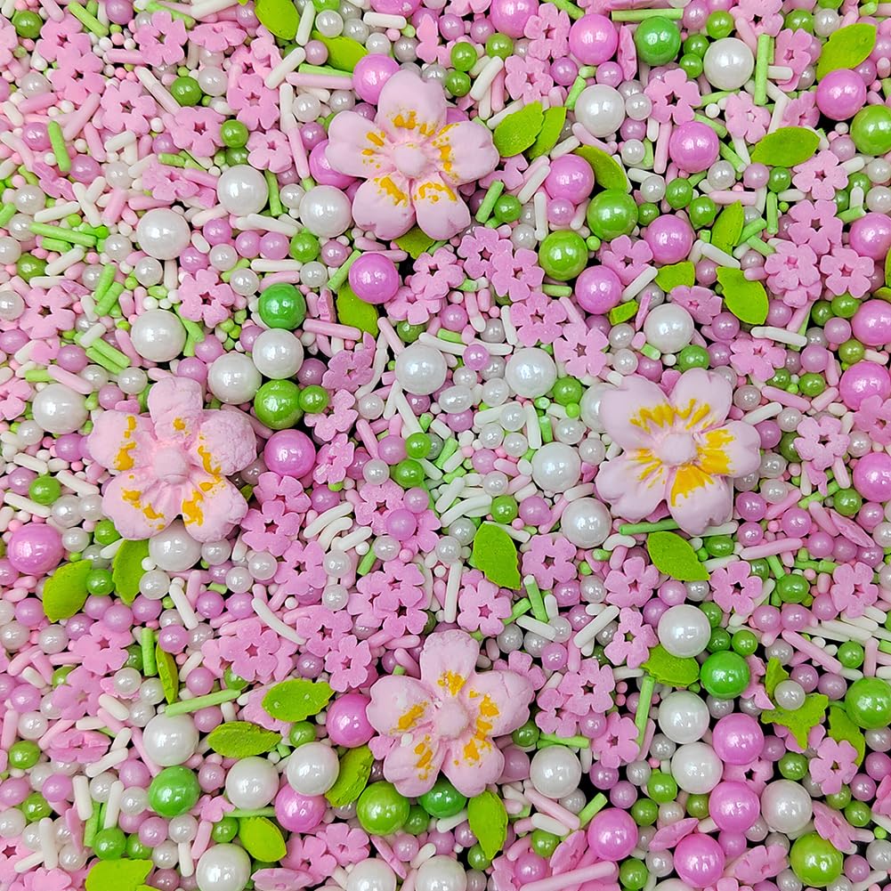 Homankit Edible Flowers for Cake Decorating Pink Flowers Sprinkles White Green Sugar Pearls Baking Cake Cupcake Toppers Cookie Dessert Decorations