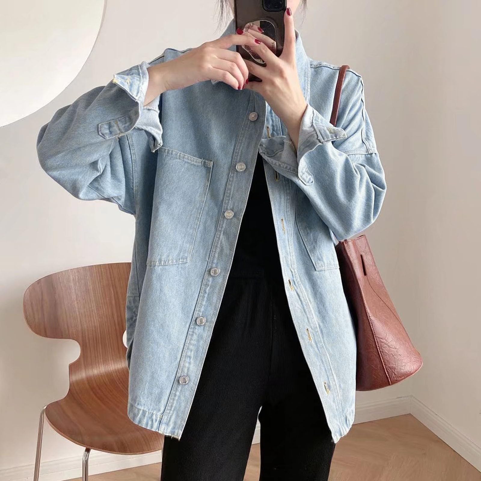 Blusa vaquera para mujer, larga, oversize con bolsillos en el pecho, parte superior con botones, manga larga, chaqueta vaquera, camisa vaquera, camisa vaquera, camisa vaquera, camisa vaquera, camisa