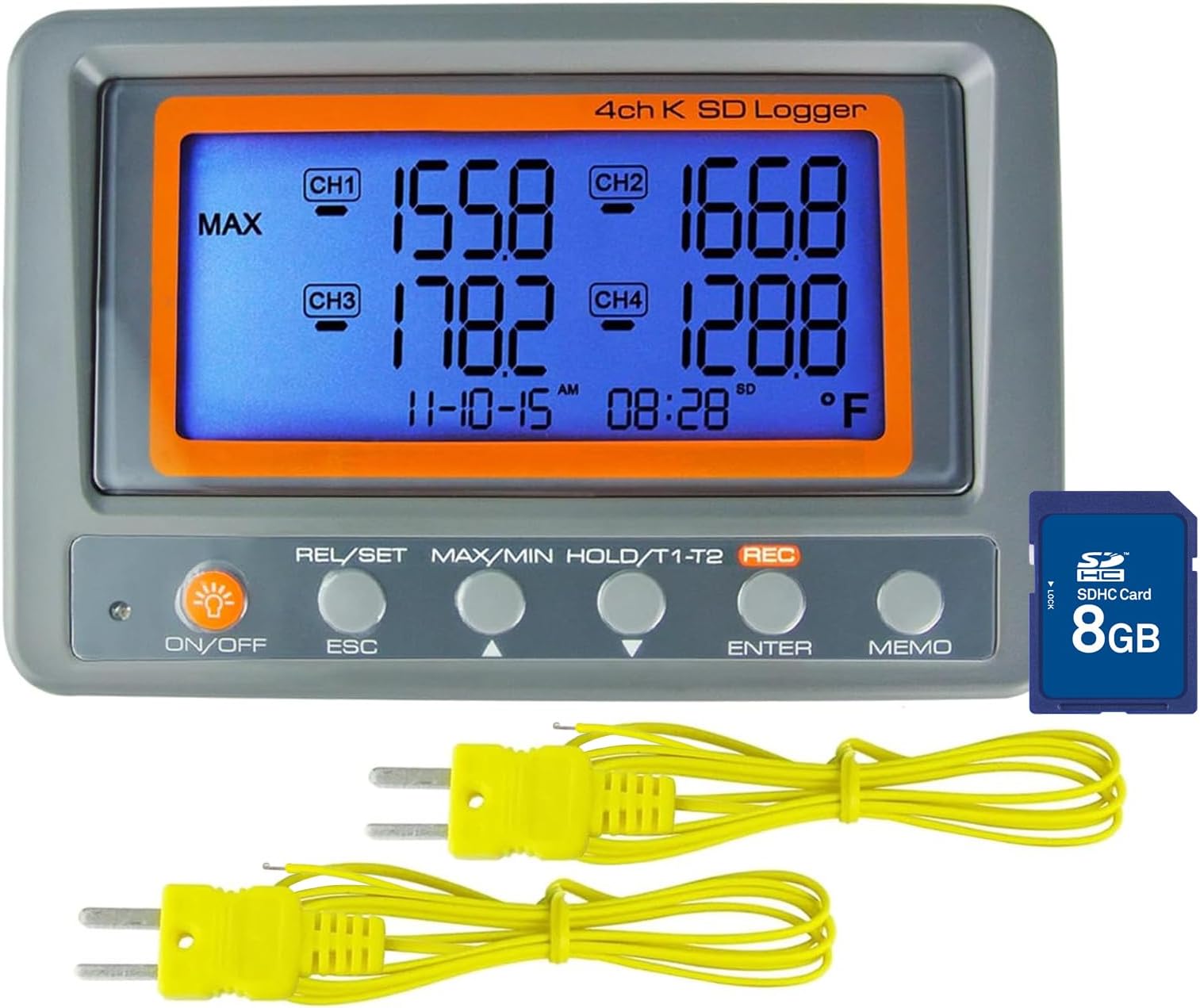K Type Thermometer Data Logger 4 Channels Thermocouple Thermometer Digital Temperature Logger with 2 Thermocouples and SD Card, Programmable High/Low Limit Alarm Temperature Recorder