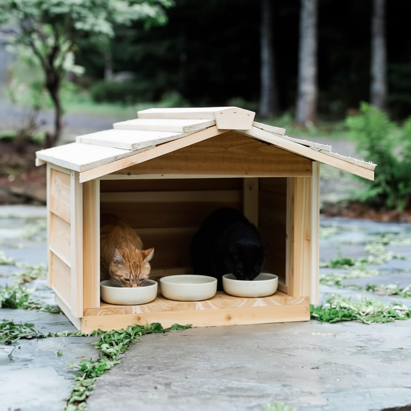 CozyCatFurniture Waterproof Cat Feeding Station for Outdoor Cats, Covered Wooden Outside Feral Cat Food Shelter for 2-3 Bowls - Small Size