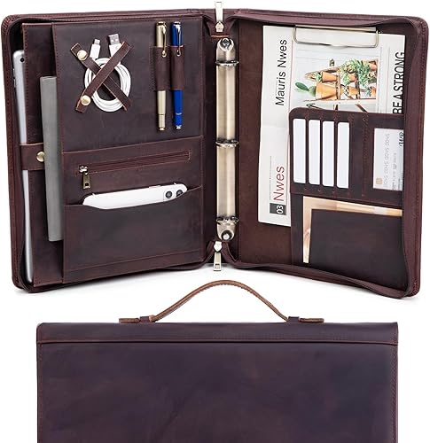 Carpeta de 3 anillos de piel auténtica con portapapeles, mango oculto, portafolio con cremallera de 8.5 x 11 pulgadas, organizador de negocios,