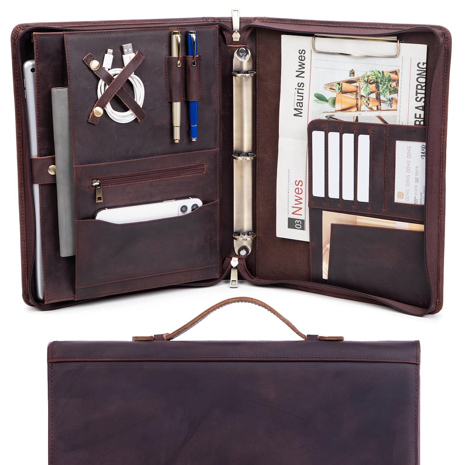 Portfolio z prawdziwej skóry z uchwytem i zamkiem błyskawicznym, segregator 3-pierścieniowy, A4 Clipboard Laptop Sleeve Business Organizer Prezent dla mężczyzn i kobiet, ciemnobrązowy