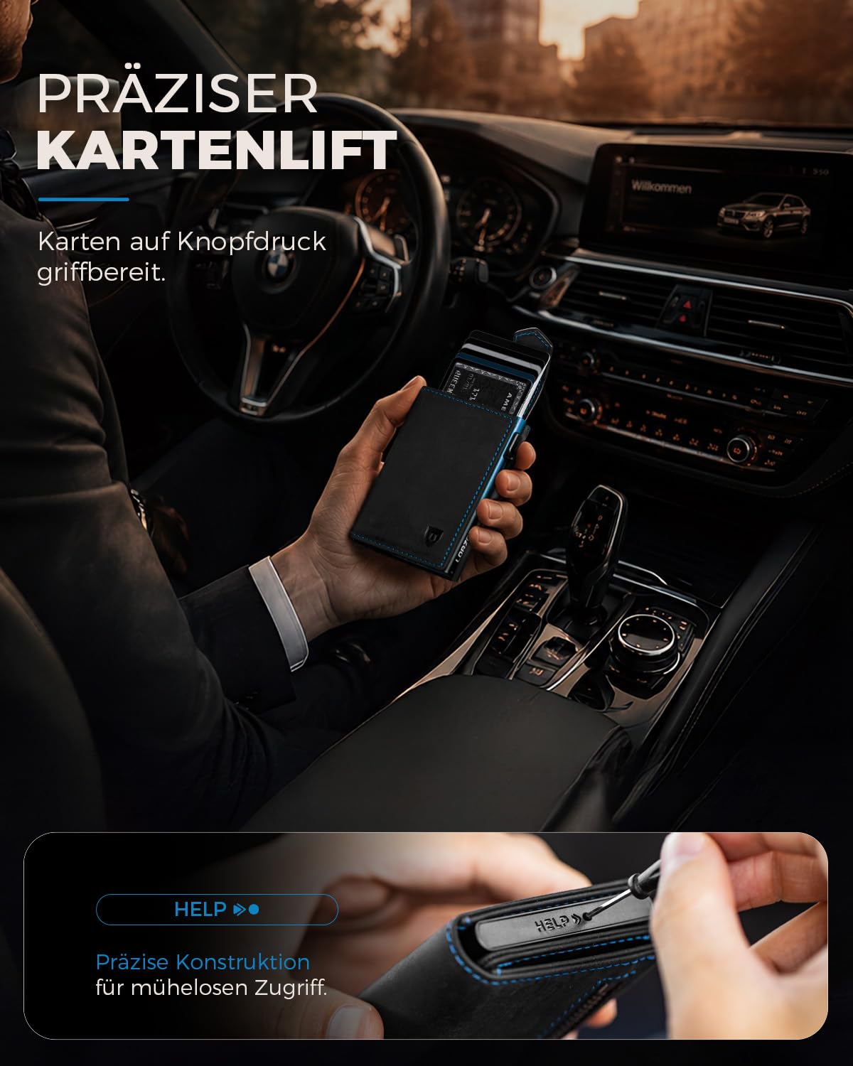 LORZOR Kartenetui mit Magnetischer Verschluss, Slim Wallet mit Münzfach, Geldbörse Herren RFID Schutz, Portmonee Herren Portemonnaie für 10 Karten, Smart Wallet, Geldbeutel (Blau-Schwarz)