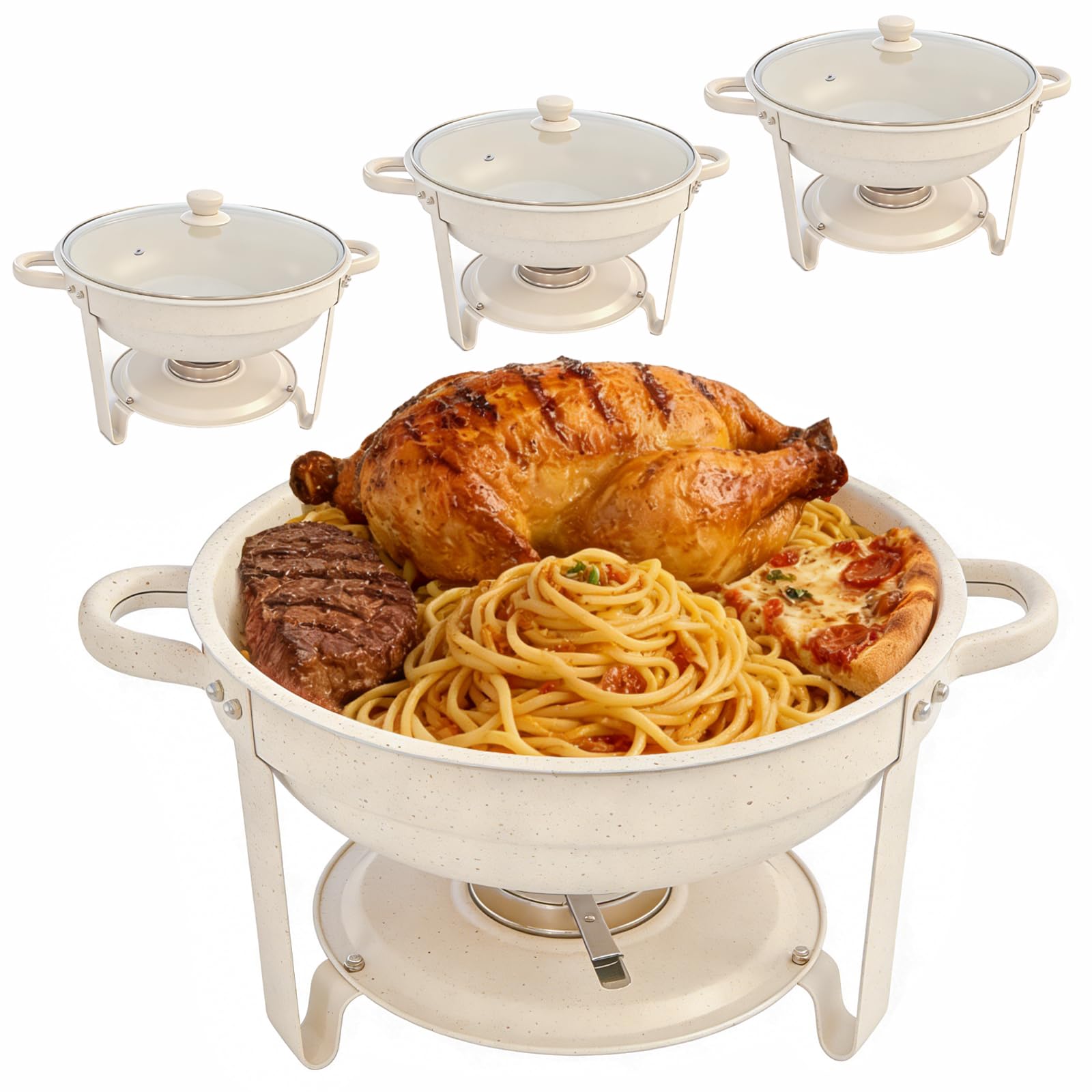 Photo 1 of 4-Pack 6QT Chafing Dish Buffet Set | Natural White Maifanite Finish | Stainless Steel Chafing Dish Buffet Set with Glass Lids & Fuel Holders | Ideal for Catering, Weddings, and Large Parties
