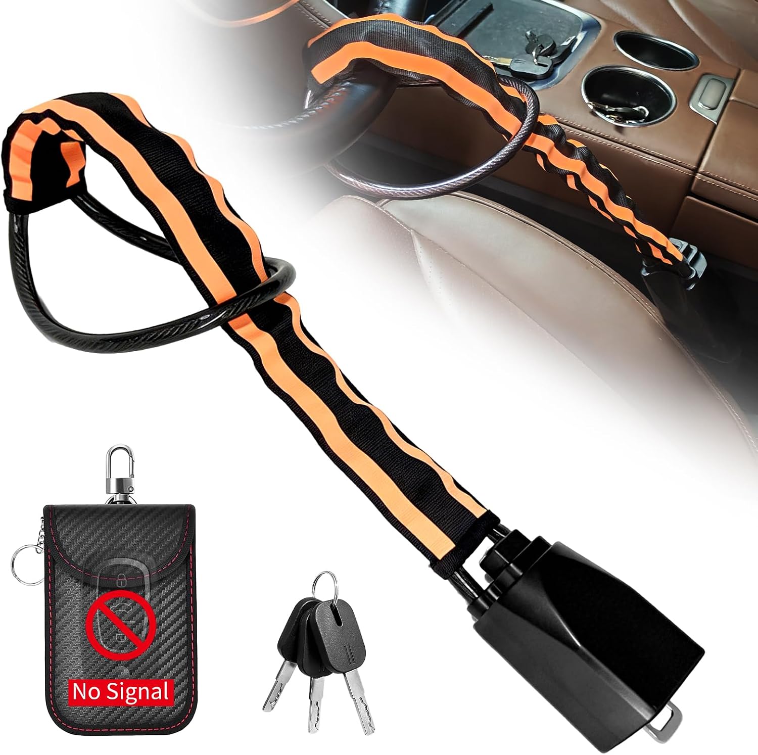 Car Steering Wheel Lock with Reflective Strips + Faraday Bag for Car Keys,17" Adjustable Universal Anti-Theft Device for Car, SUV, Truck, Golf Cart, Car Lock with 3 Keys, Yellow