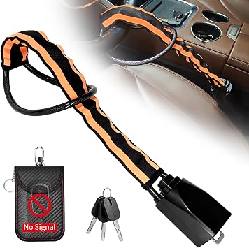 Steering Wheel Lock with Faraday Bag, Adjustable 17" Car Anti Theft Device with Reflective Warning Strips, Visible Vehicle Security Deterrent for Cars SUVs Trucks Vans, Includes 3 Keys