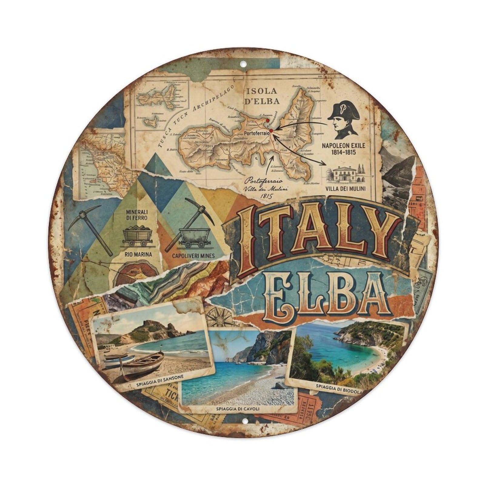 Este 8X8inch Style Elba Historic Island Italian Vintage Collage Travel Metal Tin Sign