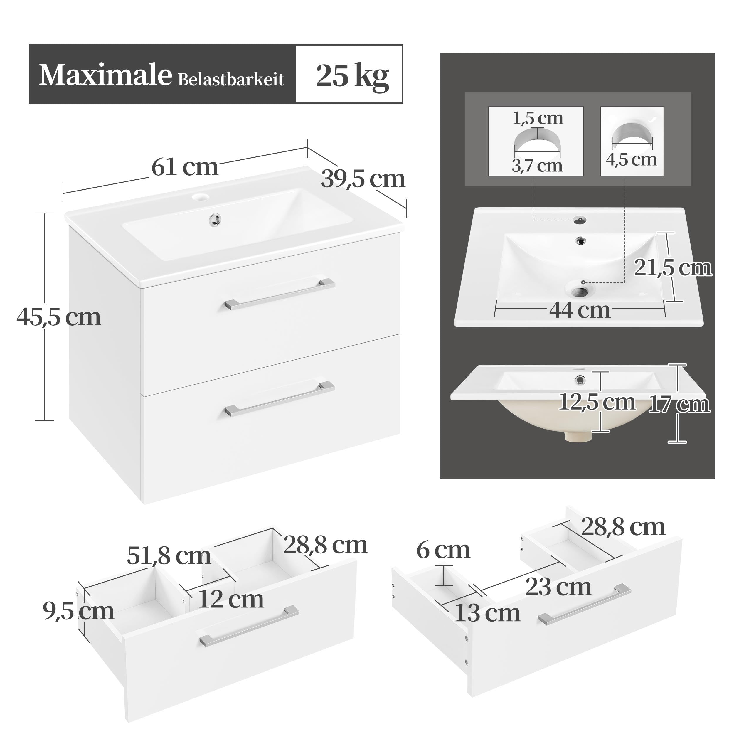 Yaheetech Waschbeckenunterschrank Hängender Badezimmerschrank mit Waschbecken Badmöbel Set 2-teilig Unterbau inkl. Waschbecken & Schubladen Badschrank Wandschrank mit Keramikbecken, Hochglanz, Weiß