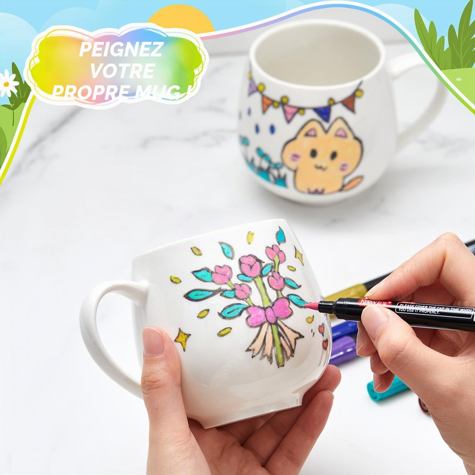 Geiserailie 4 Tasses à Peindre Soi-Même Kit 4 Tasses en Céramique Vierges à Sublimation 12 Marqueurs avec 24 Couleurs Cadeau Amusant à Faire Noël Anniversaire Fête des Mères Pâques(Élégant)