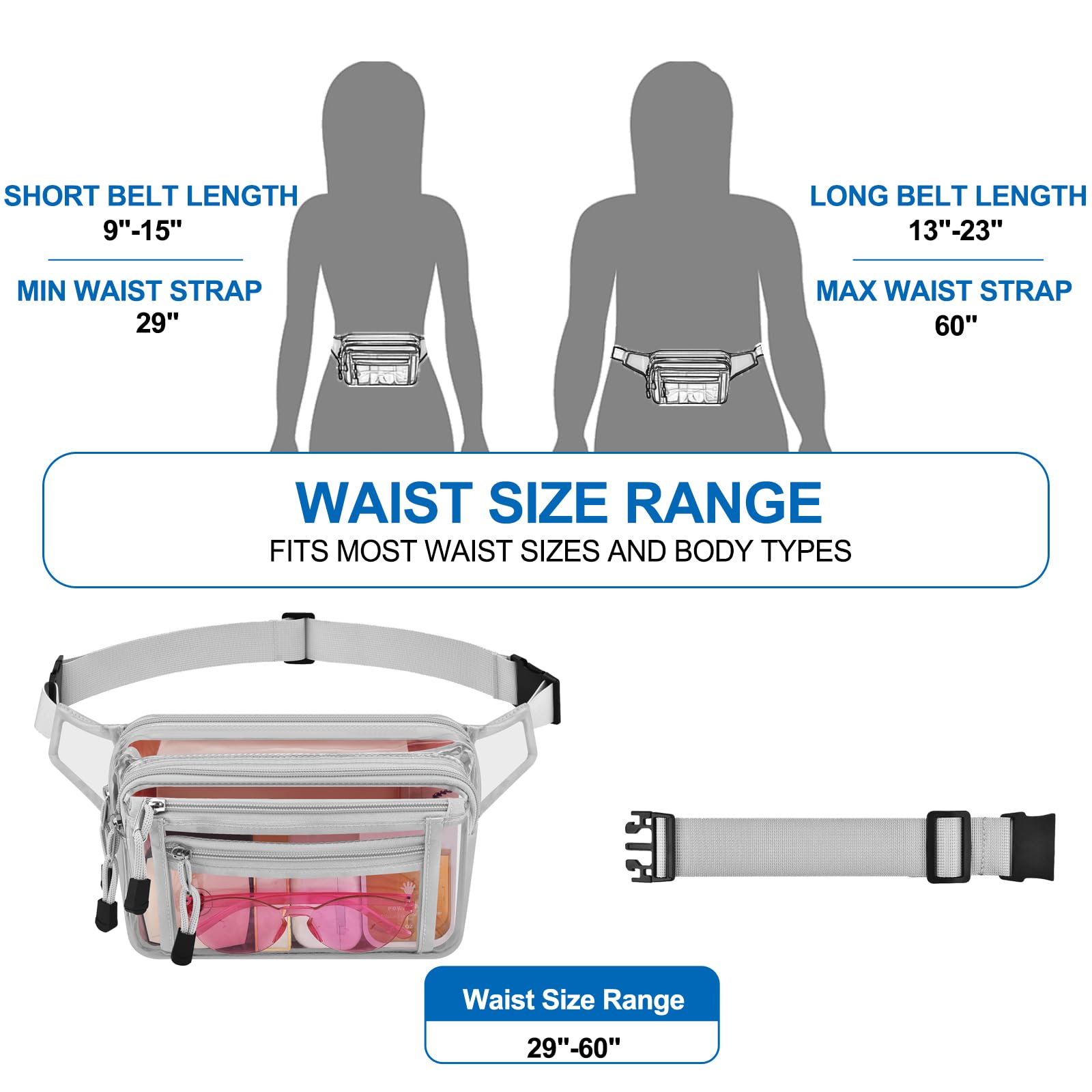 USPECLARE Transparente Bauchtasche, Stadiongenehmigt, groß, Mehrzweck-Hüfttasche, silber, 5.5" H x 9.5" L x 4" W, 1 Packung aus PVC