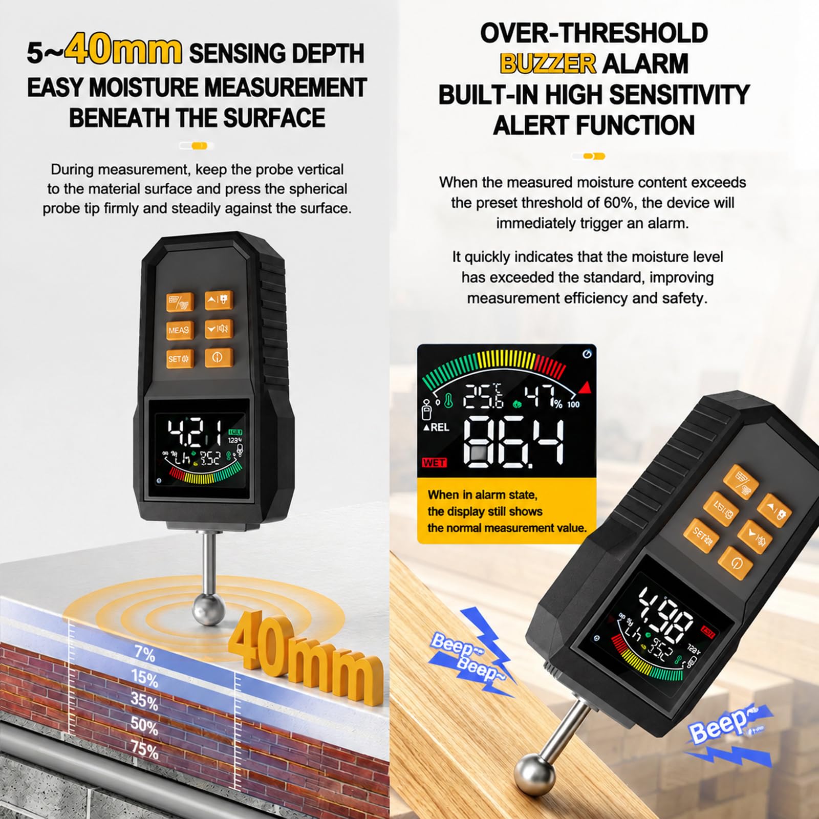 Medidor De Humedad De Hormigón Inductivo No Destructivo con Sonda De Bola, Profundidad De Detección De 5–40 Mm, con Alarma Sonora, Función De Retención De Datos Y Calibración Manual