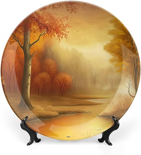Miniatura 8 de Gokays Platos decorativos de otoño para colgar en la pared, pintura de montaña y río, bosque otoñal, placa de cerámica con soporte de exhibición,