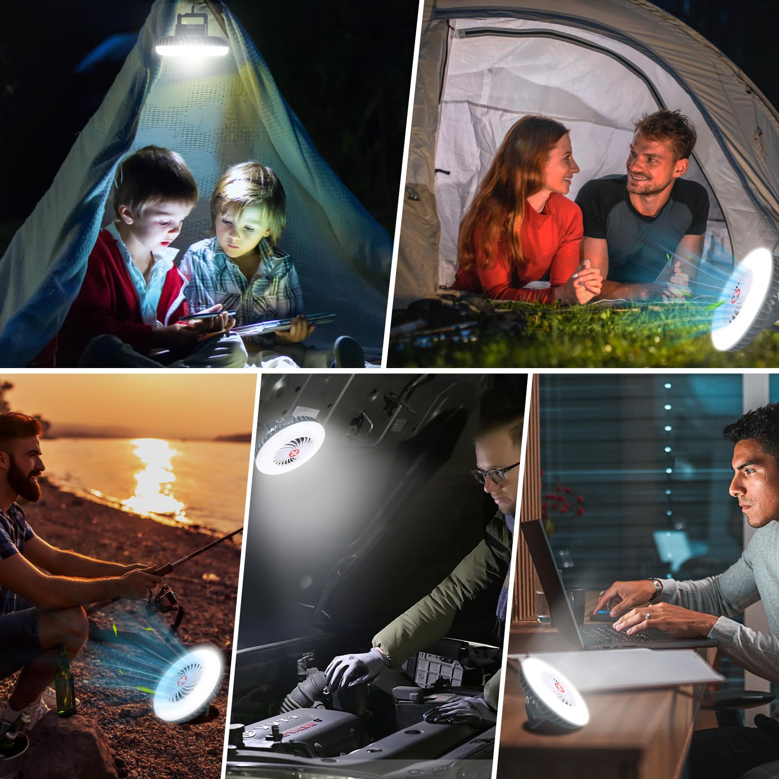LED Campinglampe mit Ventilator USB-aufladbar, 2-in-1 Camping Ventilator mit Licht, Magnetisch Zelt Lampe Lanterne Outdoor Camping Zubehör für Wandern Angeln Strand Wohnwagen Camper Auto