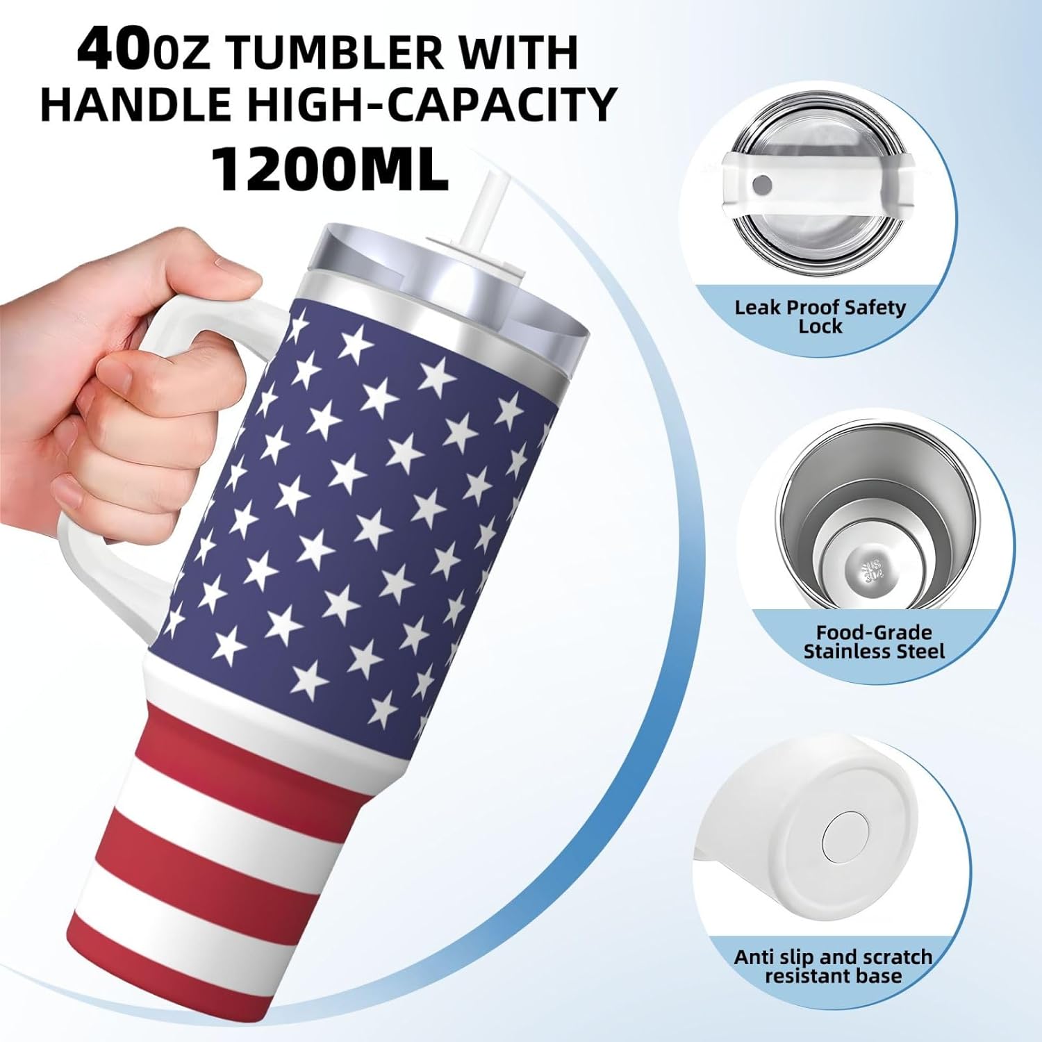 40 OZ American flag Print Ice Bully Cup with Handle Straw Lid Straw,Stainless Steel Tumbler Coffee Cup