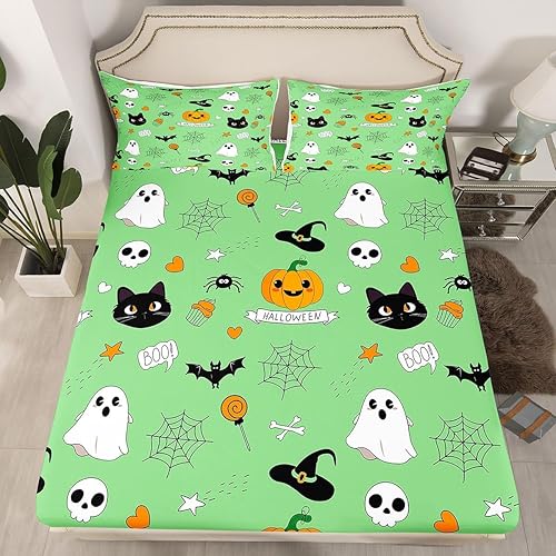 Decoraciones de calabaza de Halloween, sábanas góticas de murciélagos de Halloween, juego de ropa de cama de telaraña, sombrero de bruja, sábana