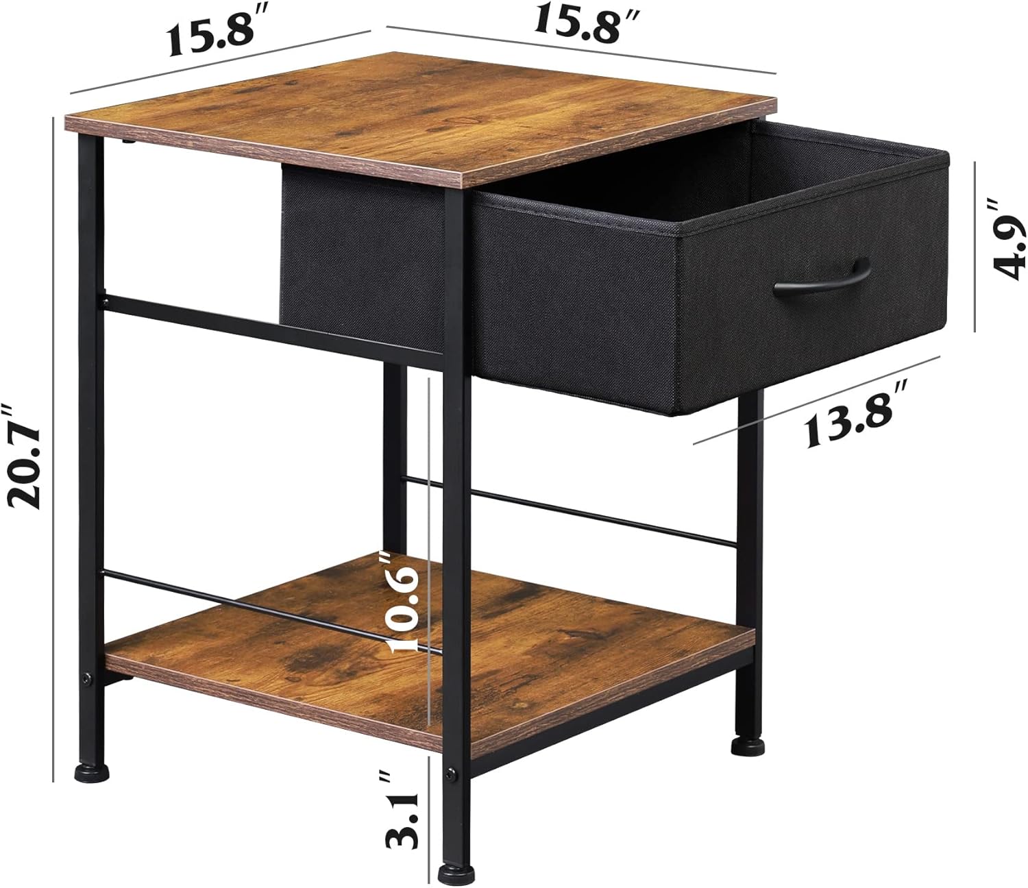 WLIVE Nightstand, End Table with Fabric Storage Drawer and Open Wood Shelf, Bedside Furniture with Steel Frame, Side Table for Bedroom, Dorm, Easy Assembly, Black and Rustic Brown : Home & Kitchen
