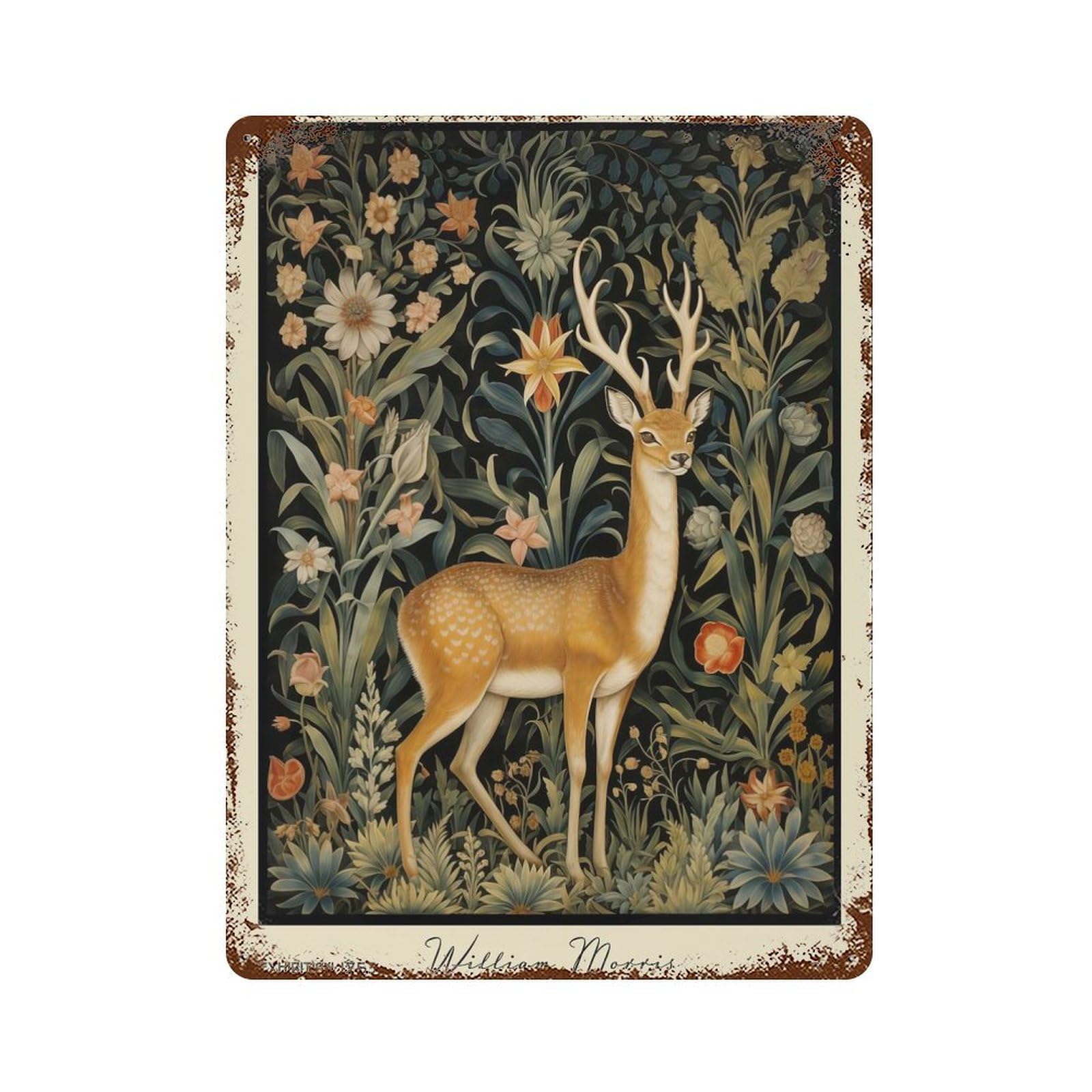 William Morris Gazelle Forest 15.7"x11.8" Distressed Metal Wall Sign, Shabby Chic Decor for Shed, Workshop And Garage Wall Decor