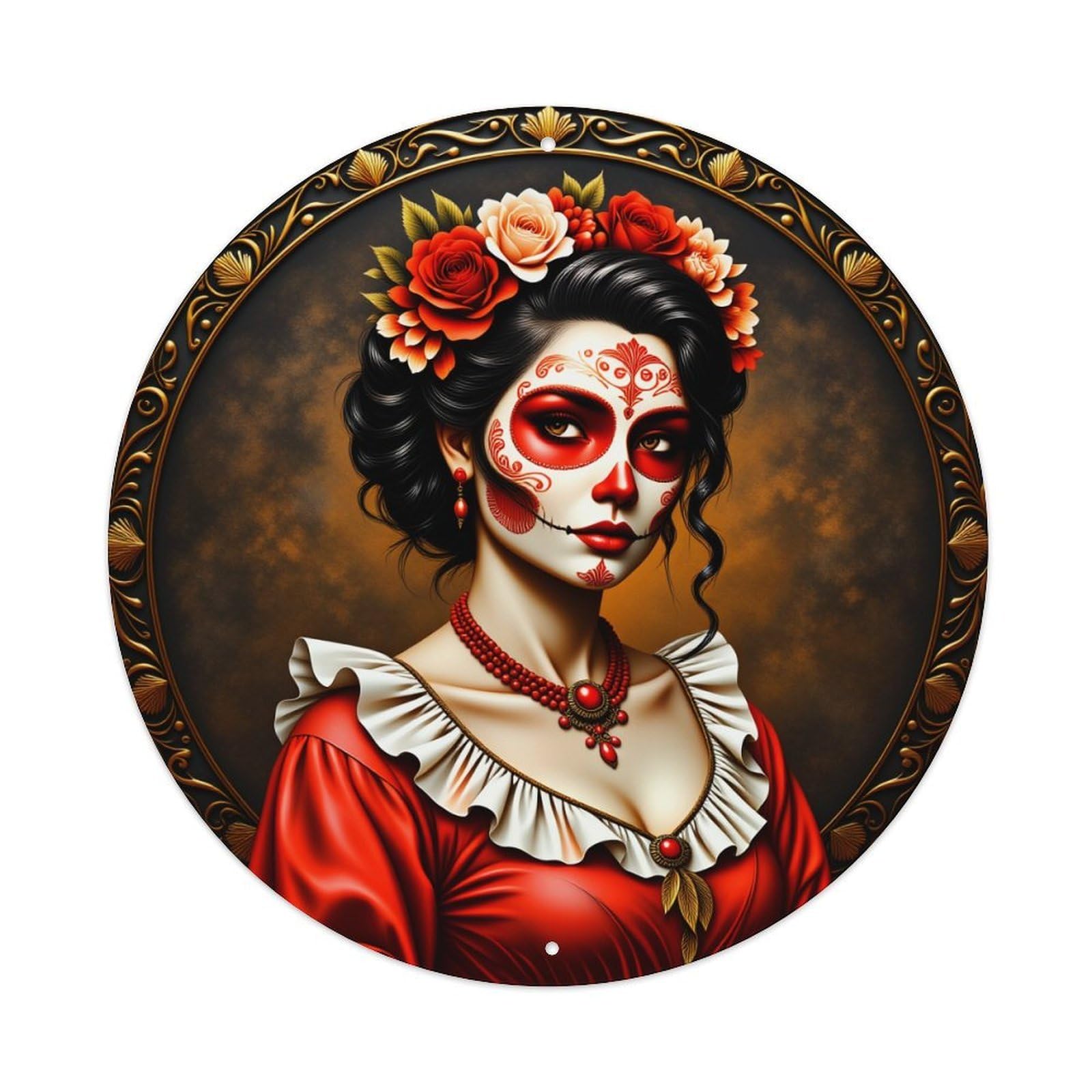 Day Of The Dead Woman Round Tin Sign Vintage Style Metal Sign Home Bar Garden Wall Plaque Decor Metal Poster 8x8 Inch