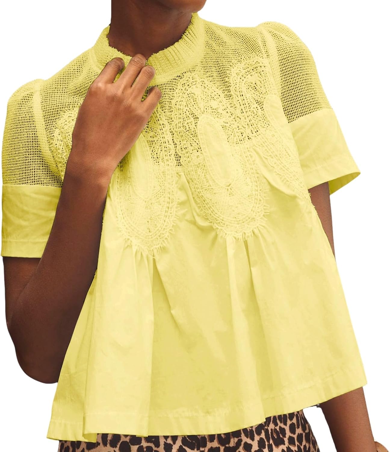 VAOYIU Women Lace-Detail Flared Blouse Short-Sleeve Crew Neck Flowy Mesh Swing Top Casual Dressy Shirt for Work Office