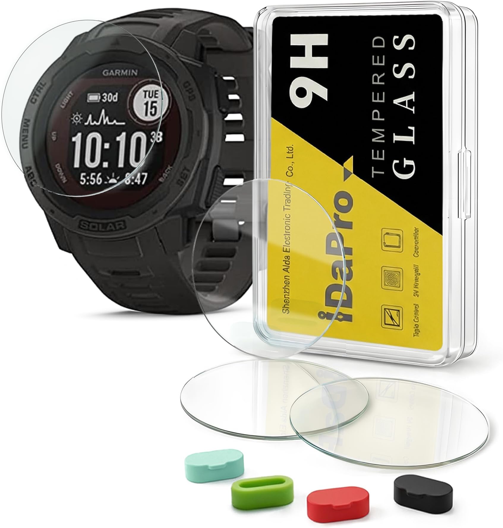 4+4 Pack Screen Protector for Garmin Instinct Solar Tactical/Instinct Tactical smartwatch with Silicone Anti-dust Plugs,9H Tempered Glass Protection Kit in Reusable Storage Case,Anti-Scratch,Bubble-Free