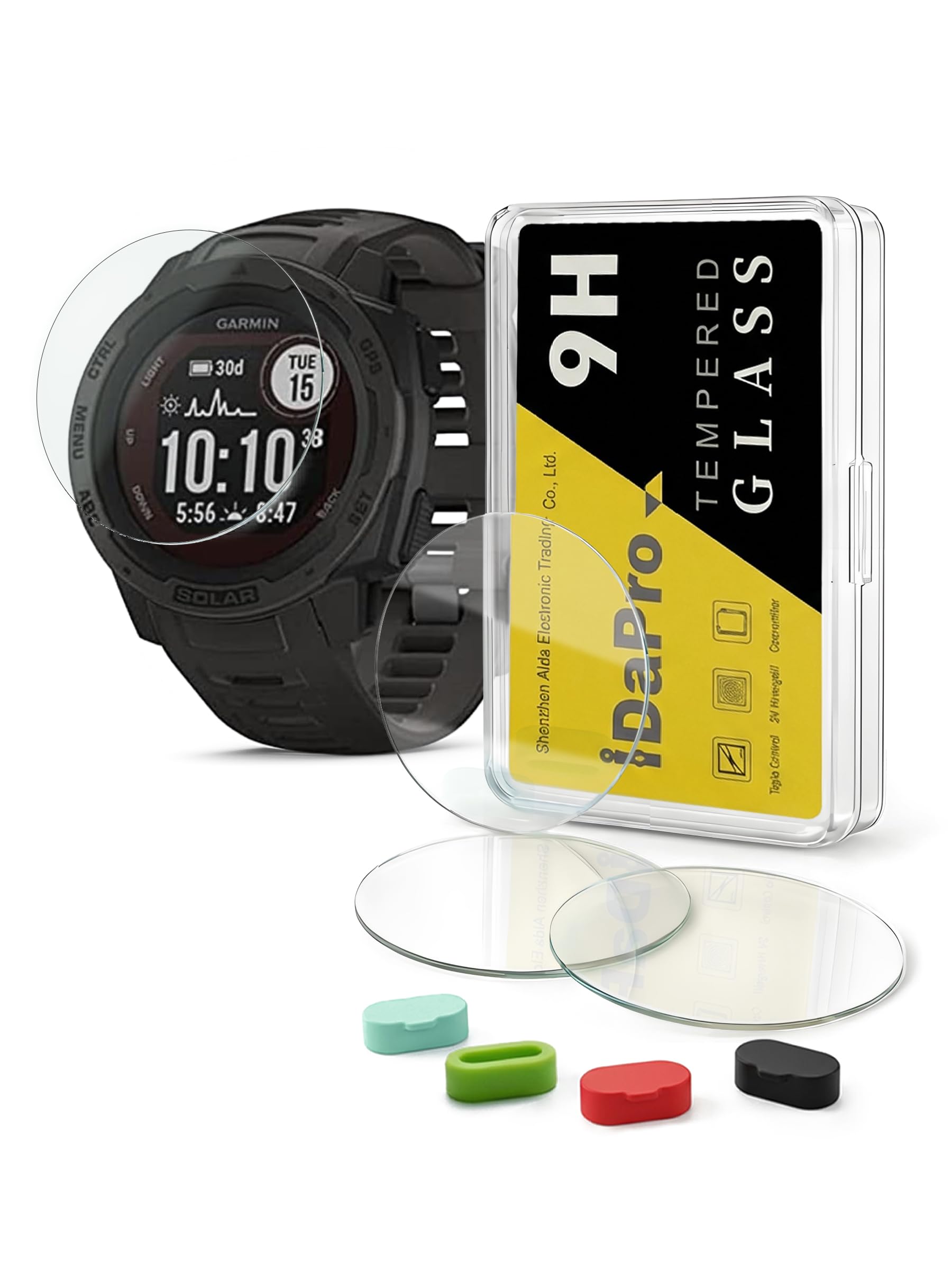 iDaPro[4Pcs Screen Protector for Garmin Instinct Solar Tactical/Instinct Tactical/Instinct Watch (Not for Instinct 2/2s/2x/3) + Silicone Anti-dust Plugs,Tempered Glass,Anti-Scratch
