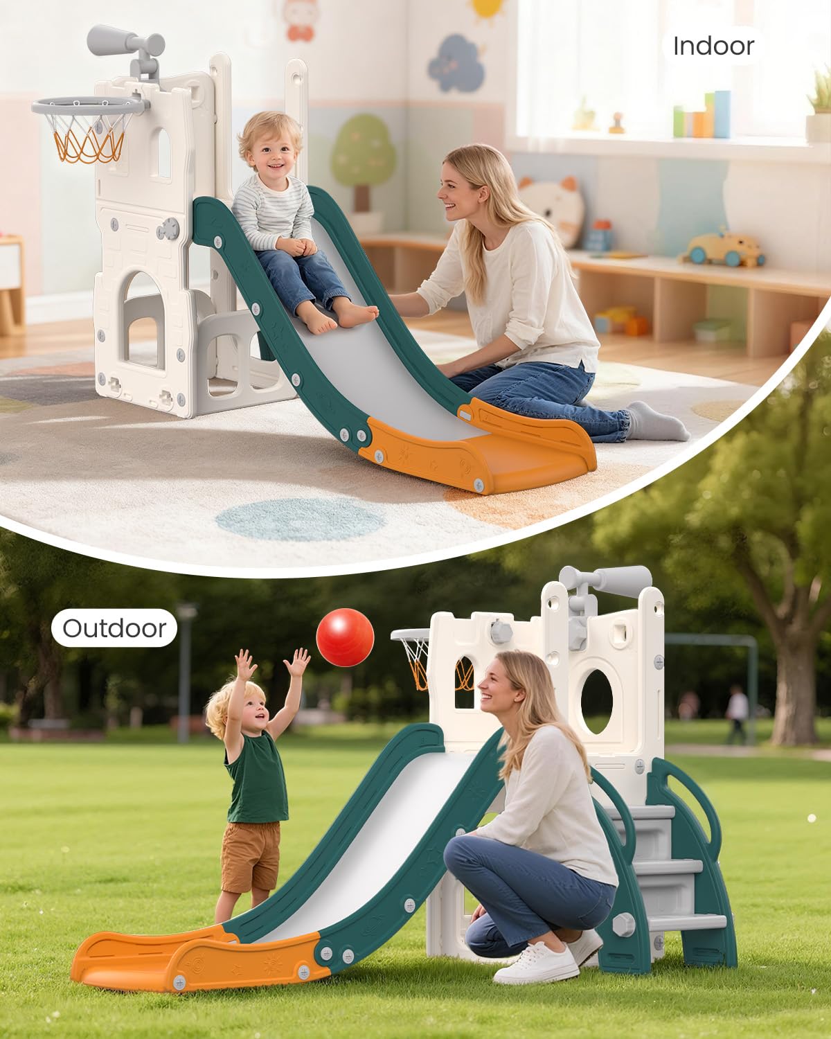 Tobogán Infantil, 5 en 1 Tobogán para Niños Interiores y Exteriores, con Aro de Baloncesto Espacio de Almacenamiento y Telescopio para Niños a Partir de 1 Año, Verde