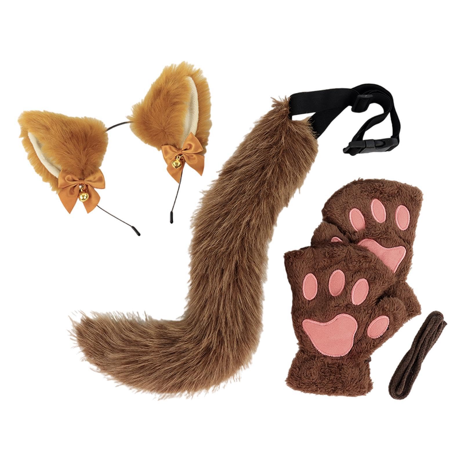 lmoikesz Costume Accessories Featuring Cat Ear Hairband And Tail Kids And Adults Role Playing Experiences Animals Ears Tail Set Includes 1 Cute Cat Tails Gloves Kitty Cosplay Prop Kits Prom , brown