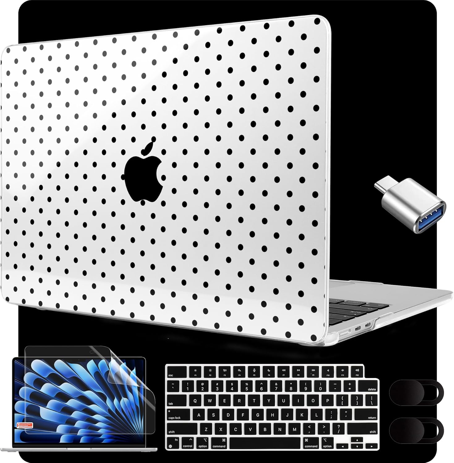 MEEgoodo for M5/M4/M3/M2 MacBook Air 15 inch Case 2026 2025 2024 2023, Case Fit Model (A3448/A3241/A3114/A2941) for MacBook Air 15.3 inch, Poka Dot Black
