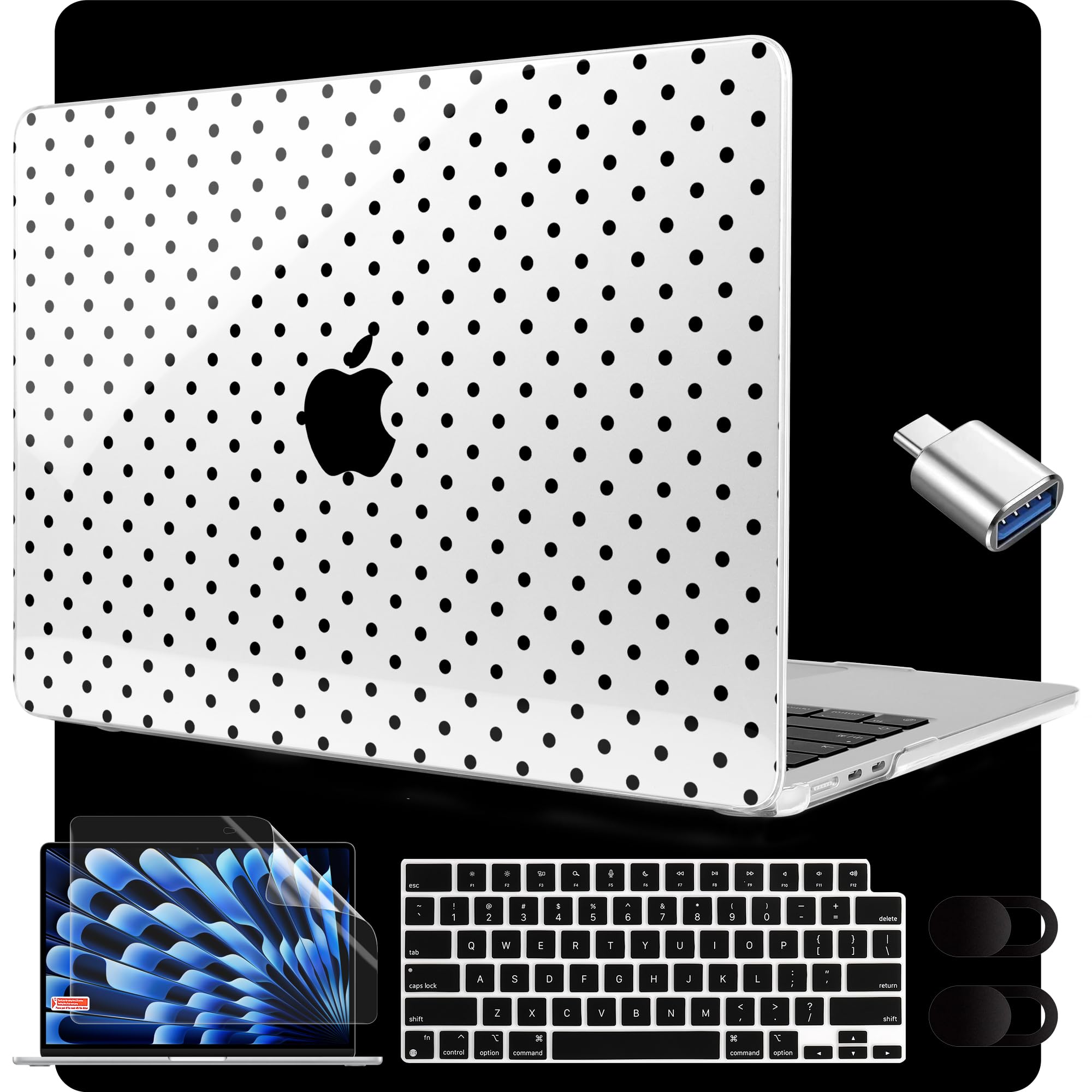 Photo 1 of MEEgoodo for M5/M4/M3/M2 MacBook Air 15 inch Case 2026 2025 2024 2023, Case Fit Model (A3448/A3241/A3114/A2941) for MacBook Air 15.3 inch, Poka Dot Black