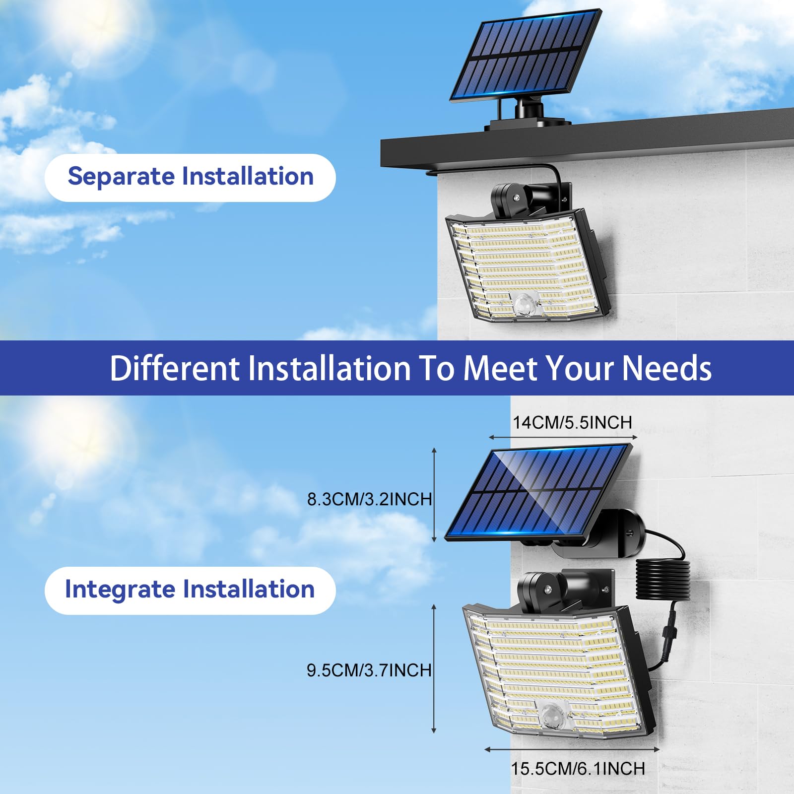 AGOTD Lampade solari per esterni, 226 LED per esterni, con sensore di movimento, IP65, impermeabile, angolo di illuminazione di 270°, lampada da parete solare per giardino con cavo da 5 m, 2 pezzi