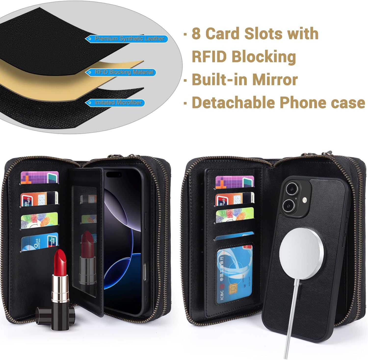 Harryshell Compatible with iPhone 17 Case Wallet Multi Zipper Detachable Removable Cover Purse with RFID Blocking Card Slots Holder Mirror Crossbody Strap (Compatible with Magsafe - Black)