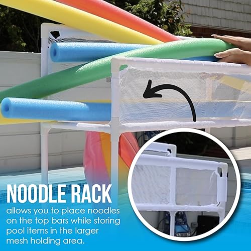 Miniatura 9 de Essentially Yours Soporte organizador de equipo de almacenamiento de piscina, fideos, juguetes, bolas y flotadores de malla rodante de doble piso,