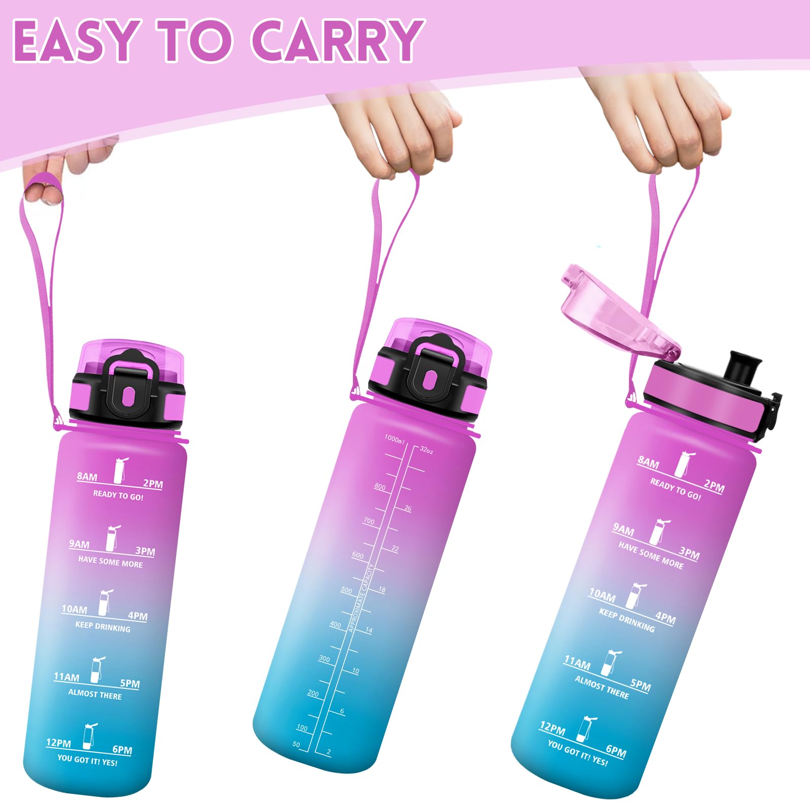 Motswedi Borraccia 1 litro, con Filtro, Borraccia Motivazionale, Prova di Perdite, Senza BPA, Bottiglia Acqua, con Marcatori di Tempo, per Scuola, Palestra, Ufficio, Ciclismo, Rosa Rosso & Ciano