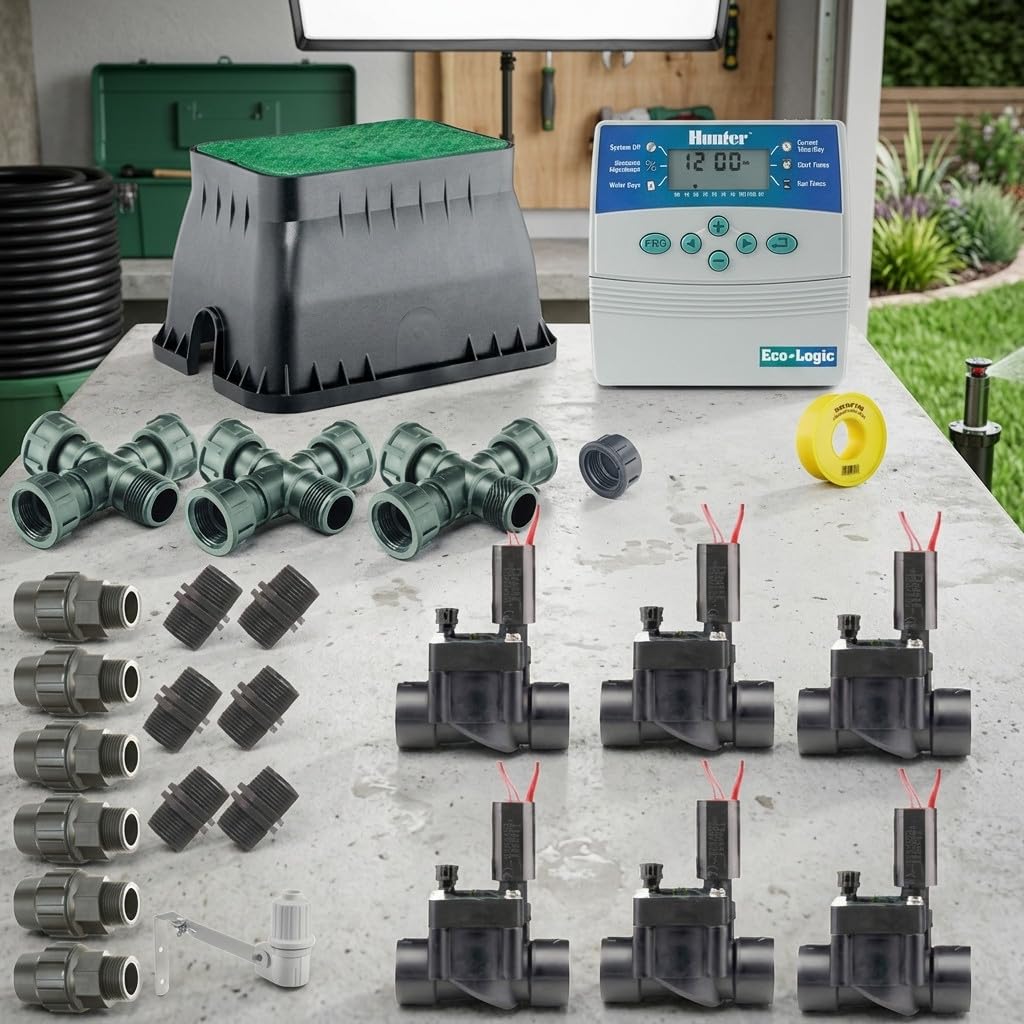 Suinga Kit Riego Automático 6 zonas 24V para Tuberia 25 mm | Incluye programador, electroválvulas, colector, sensor lluvia y arqueta