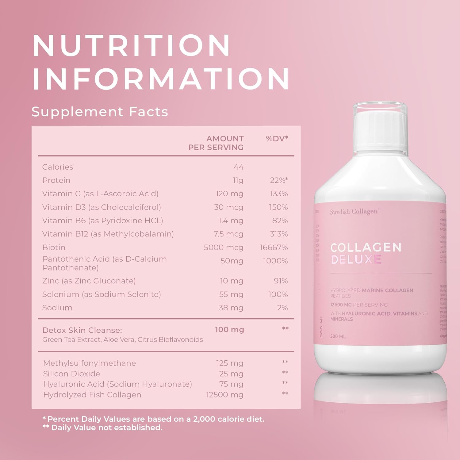 Swedish Collagen Deluxe | 12,500 mg Hydrolyzed Marine Collagen Liquid Supplement - 500 ml, 20 Day Supply | Hyaluronic Acid, Biotin and Vitamin C for Healthy Hair, Skin, Nails and Joints | Sugar-Free
