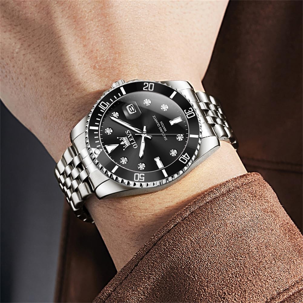 OLEVS Edelstahl Armbanduhr Herren Wasserdicht, Modern Groß Uhr Herren mit Datum, Quarz Analog Leuchtziffern Herrenuhren mit Metallarmband Geschenke für Männer Geschenke