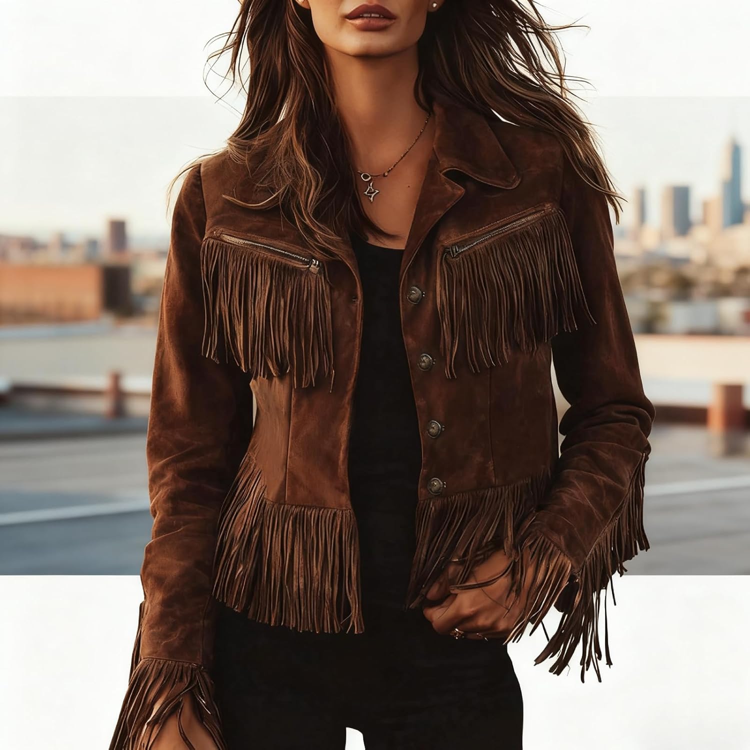 Women Faux Suede Leather Tassel Coat Fall Vintage Lapel Long Sleeve Tassel Motorcycle Short Fringe Jacket Cropped Coat