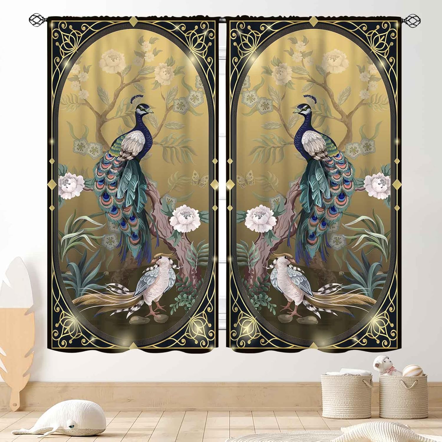 Asian Curtains, Traditional Ink Painting Nature Landscape Mountains Cherry Blossoms Floral Japanese Style Red Gray Kitchen Living Room Bedroom Bathroom Window Drapes Treatments 2 Panels, 52"x84" Inch