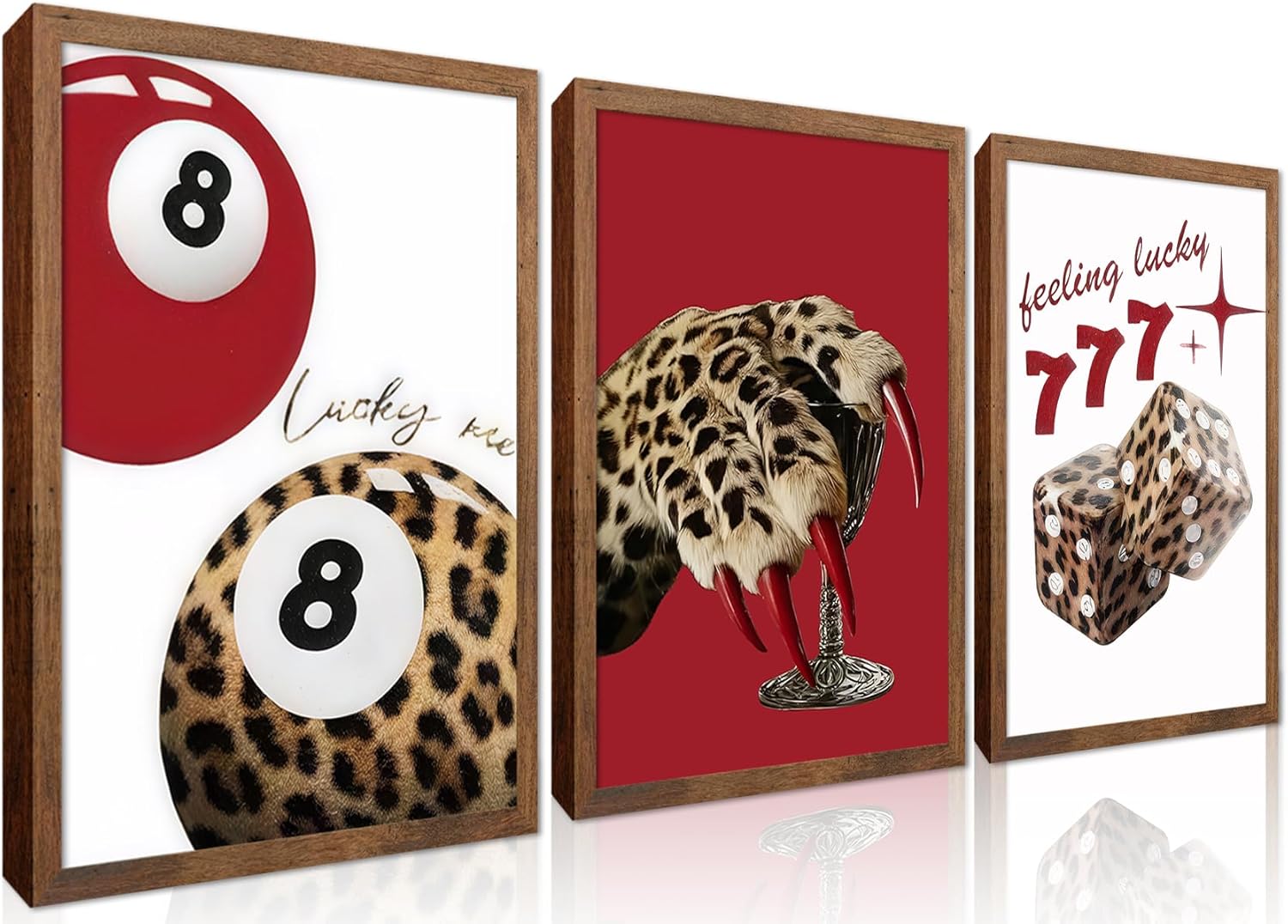 Trendy Red Leopard Wall Art Set of 3，Funky Luck Wall Decor Paintings,Fashion 8 Ball Posters Prints Pictures For Girls Room Living Room Bedroom Bathroom 12x16 Inch Framed