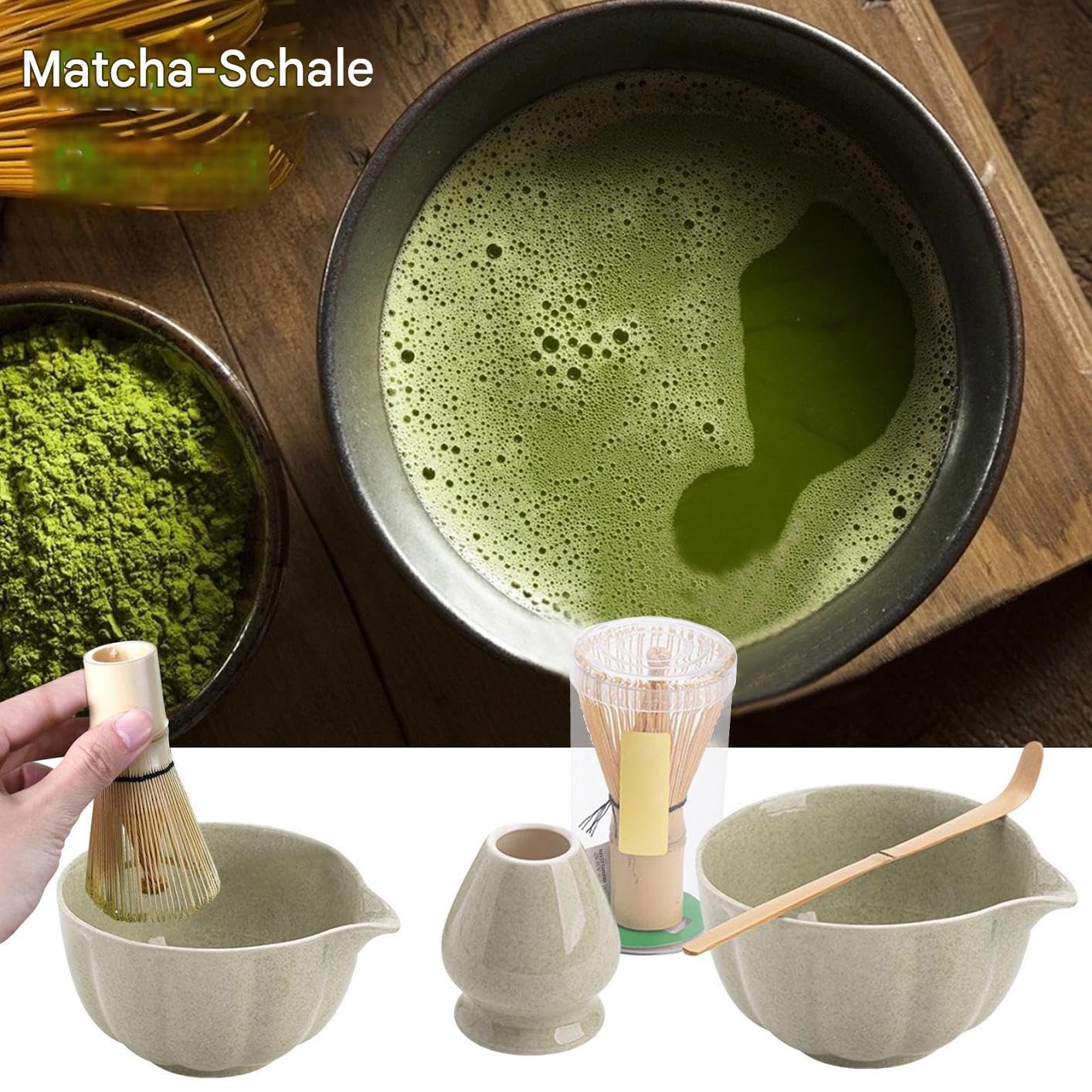 Generisch Zestaw akcesoriów do matchy, z miską o pojemności 500 ml, miotłą bambusową, łyżką, stojakiem – akcesoria do herbaty dla początkujących w kuchni, w podróży, na ceremonię, do przygotowywania