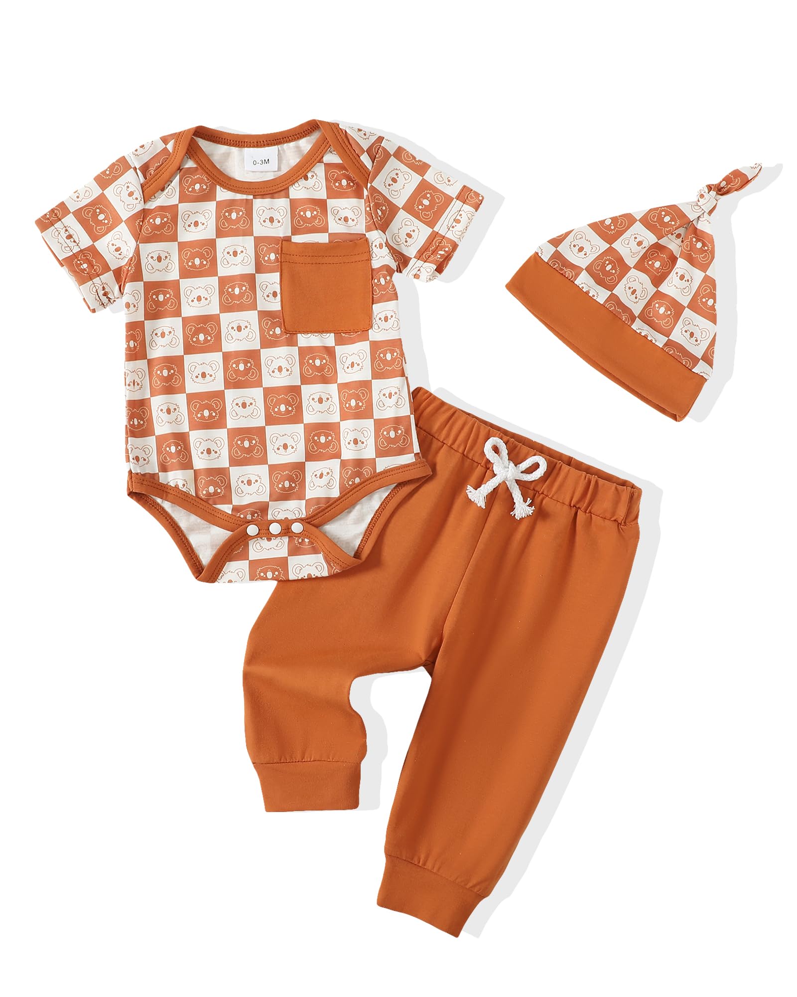 NZRVAWS 12-18 Months Baby Boy Clothes Infant Boy Outfit Plaid Romper Long Pants Set Hat 3PC Summer Spring Clothing