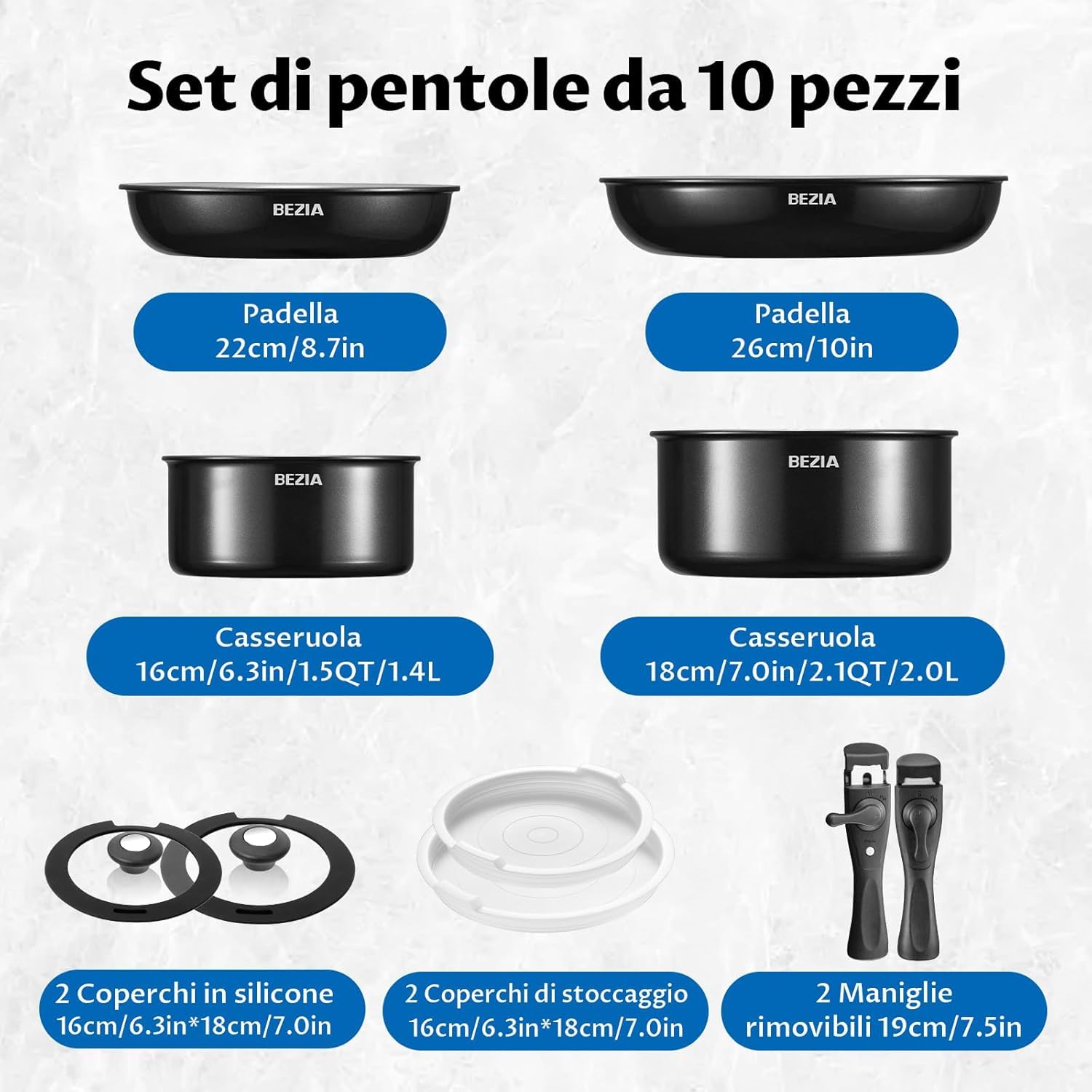 BEZIA Set pentole antiaderenti induzione con sano rivestimento in ceramica | Set pentole e padelle da 10 pezzi con manici staccabili, set da cucina per camper a induzione con manici rimovibili