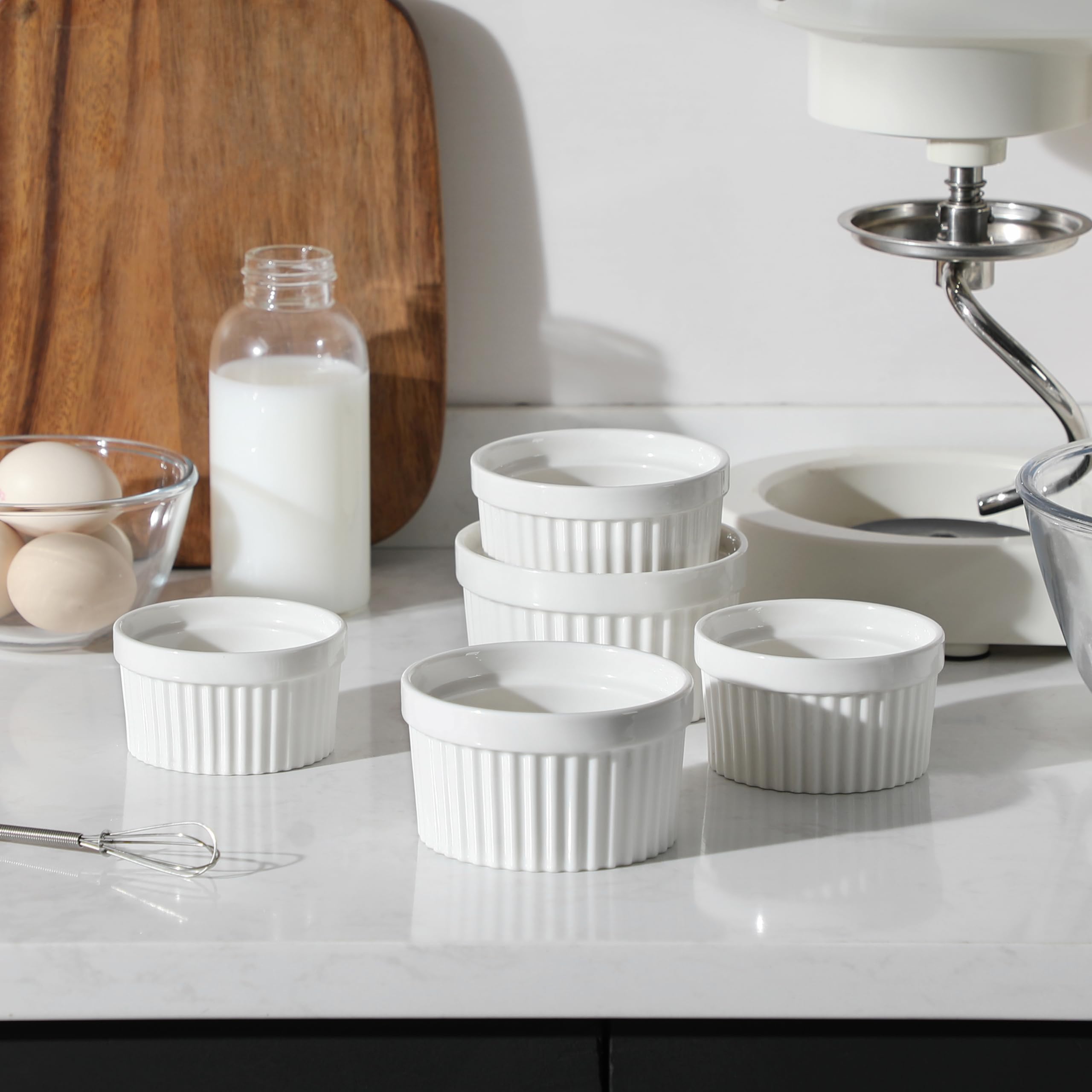 MALACASA Lot de 6 Petit Ramequins Four en Porcelaine, Ramequins Individuels en Céramique pour Soufflés Crème Brulée Muffins Cupcakes Puddings, 320ml, Blanc Ivoire