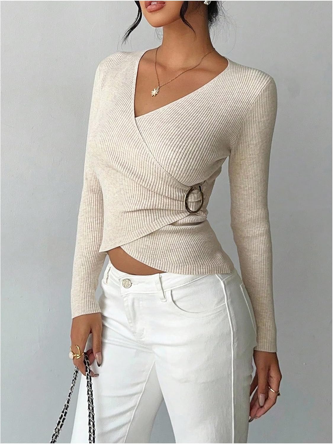 Milumia Women's V Neck Cross Wrap Sweater Buckle Long Sleeve Ribbed Knit Fitted Crop Tops - Image 5