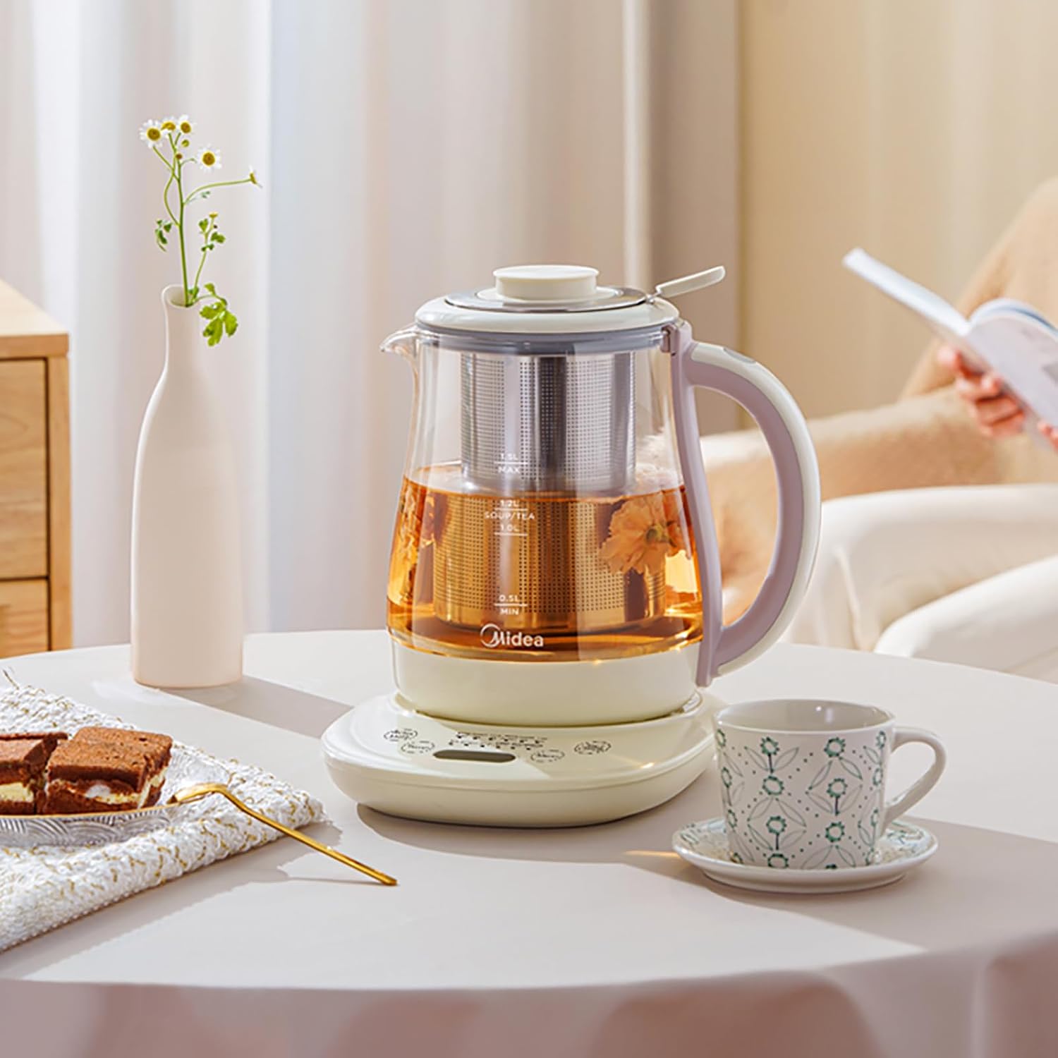 Midea MKH15180CGA Electric Kettle, 1.5L Health Pot with Large Tea Basket, Stainless Steel & Glass Kettle, 12 Programs, 800W, Light Apricot