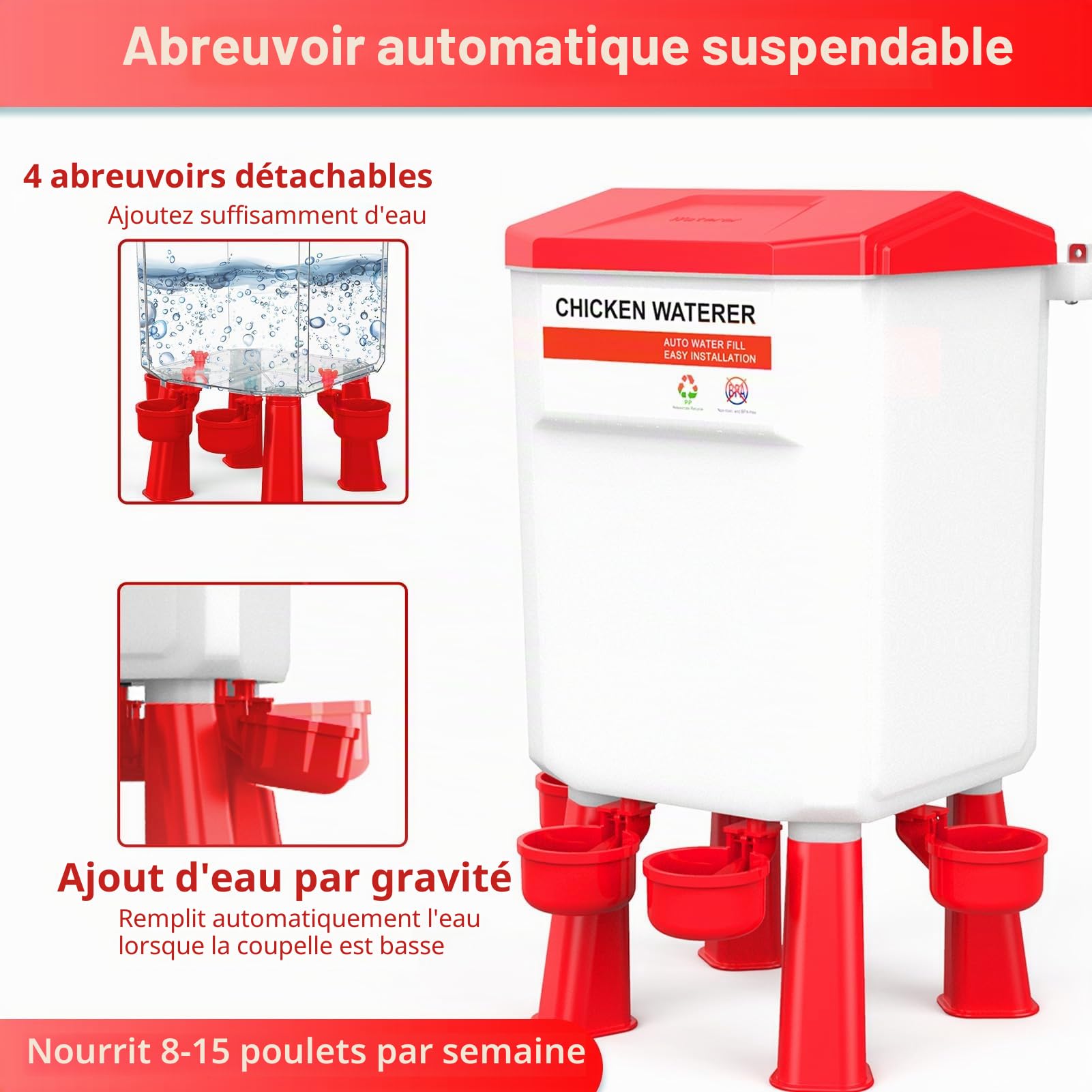 Mangeoire Poules Anti Nuisible Poule, 12kg Mangeoire et Abreuvoir 11L pour Poulet, Sans Déchets et Abreuvoirs à Volaille, Jusqu'à 20 poussins et 12 poulets Adultes