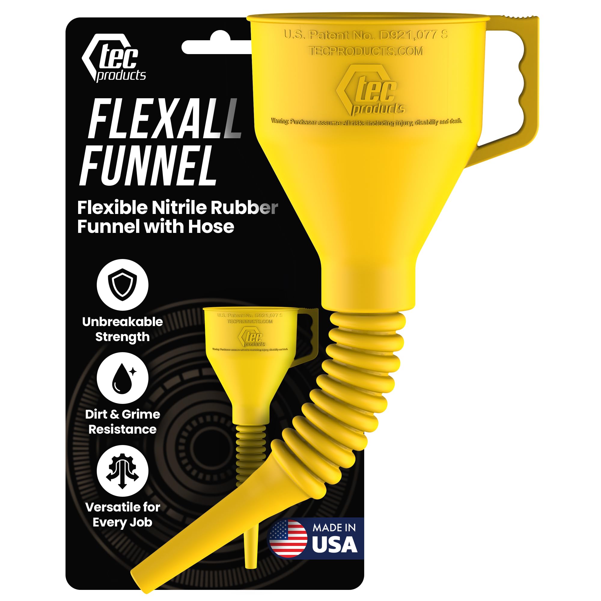 TEC Products FlexAll - Embudo de goma flexible con asa, varios tamaños y colores, fabricado en los Estados Unidos (pequeño, amarillo)
