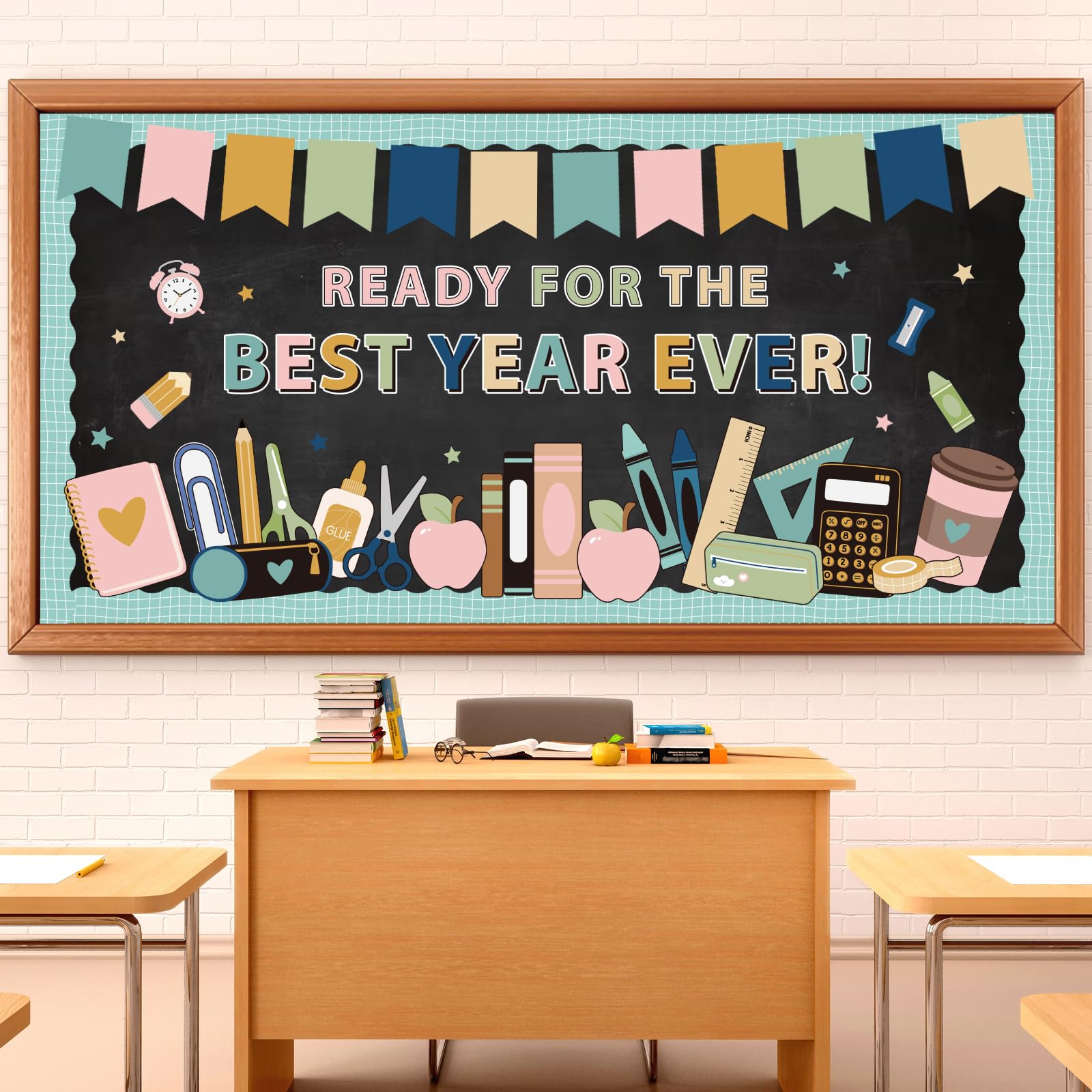 FYSUIMU 86Pcs Back to School Bulletin Board Set Apples Pencil Notebook Paper Cutouts with 160Pcs Glue Points for Party Classroom Chalkboard Wall Decor